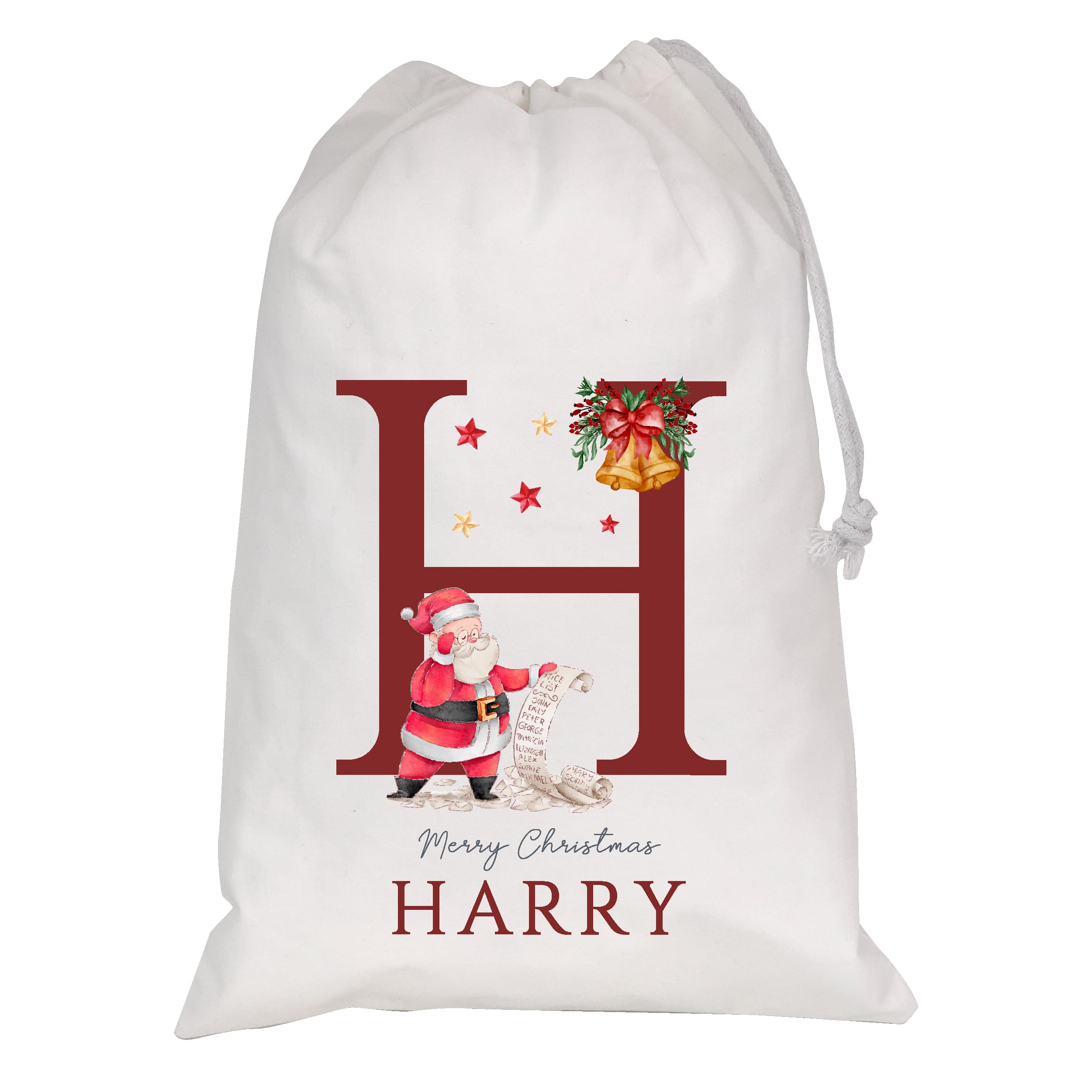 Personalised Christmas Santa Sack Xmas Reindeer Santa Sack Custom Name Santa Gift Bag for Kids & Adults Festive Large Reusable Sack Holiday Present Bag (White Sack - Alphabet Letter)