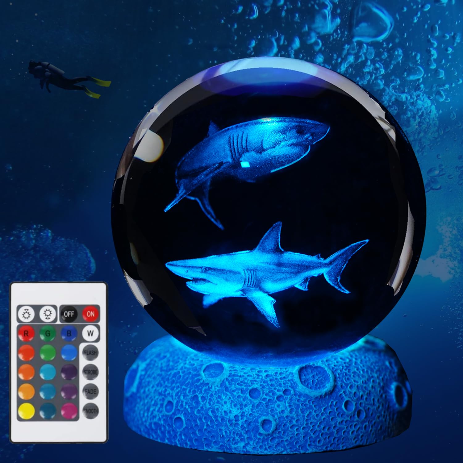 POSSHE Hai-Nachtlicht, 3D-Kristallkugel Hai-Lampe, Unterwasser-Geschenke mit 16 Farbe Remote Upgraded 3,15 Zoll Ball für Raumdekoration Jungen Mädchen Geburtstag Xmas Cool Figuren Geschenke