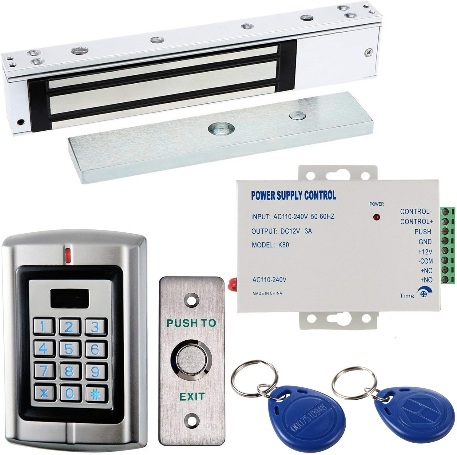 Access Control System Kit 125KHz Card 600Lbs Force Electric Magnetic Lock Power Supply Exit Button Key Fobs