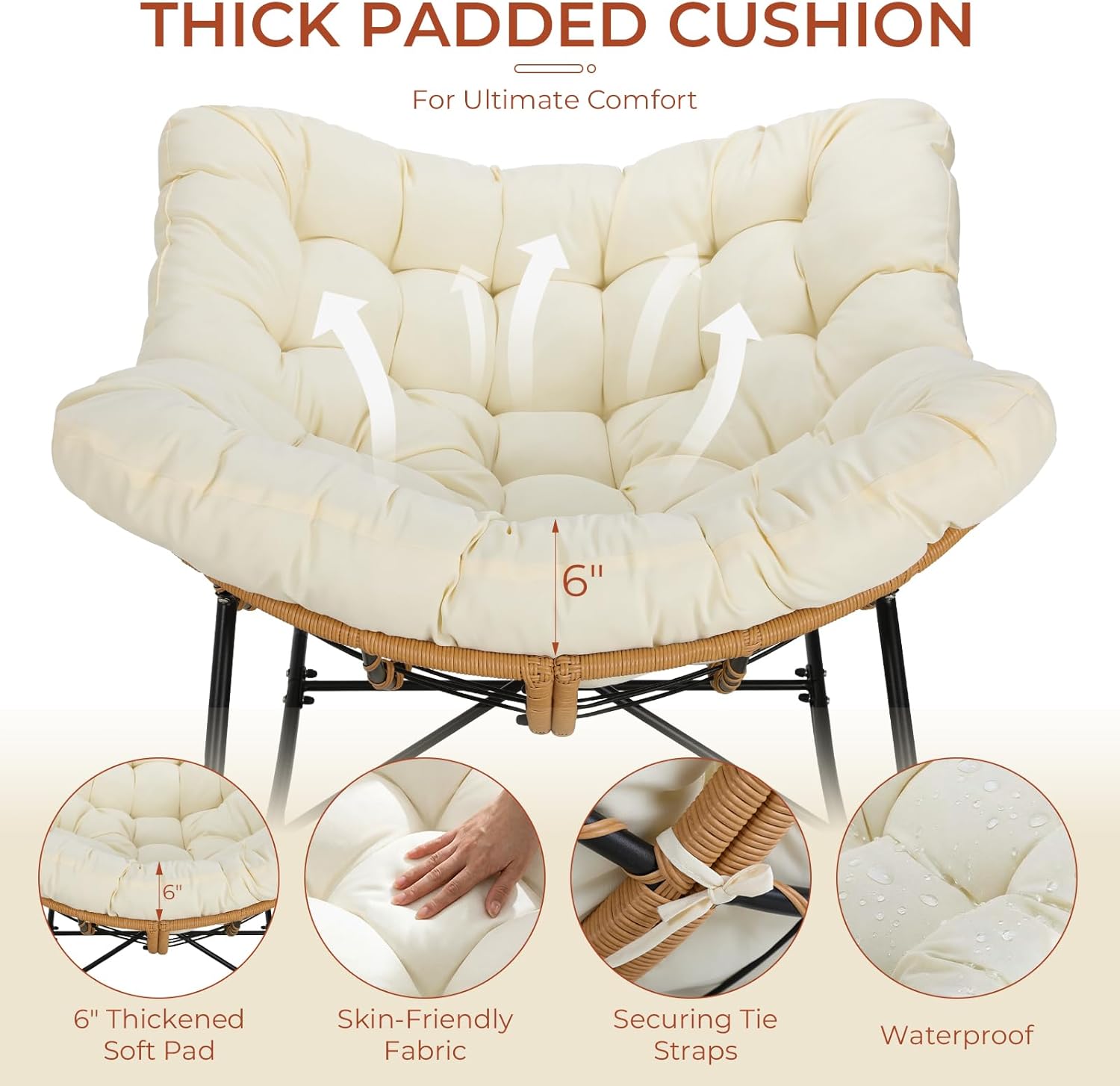 TLSUNNY Outdoor Papasan Rocking Chair, Oversized Padded Lounge Rocker with Cushion, Comfy Wicker Egg Lounge Chair, Large Indoor Rocking Recliner for Living Room/Porch/Garden (Beige)
