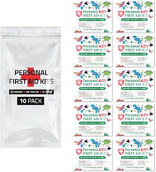 First Aid Emergency Medical Kit Mini and Travel Size - 10 Pack | Great for Kids, Schools, Business, Hiking, Camping | Wound Care Products Dinos