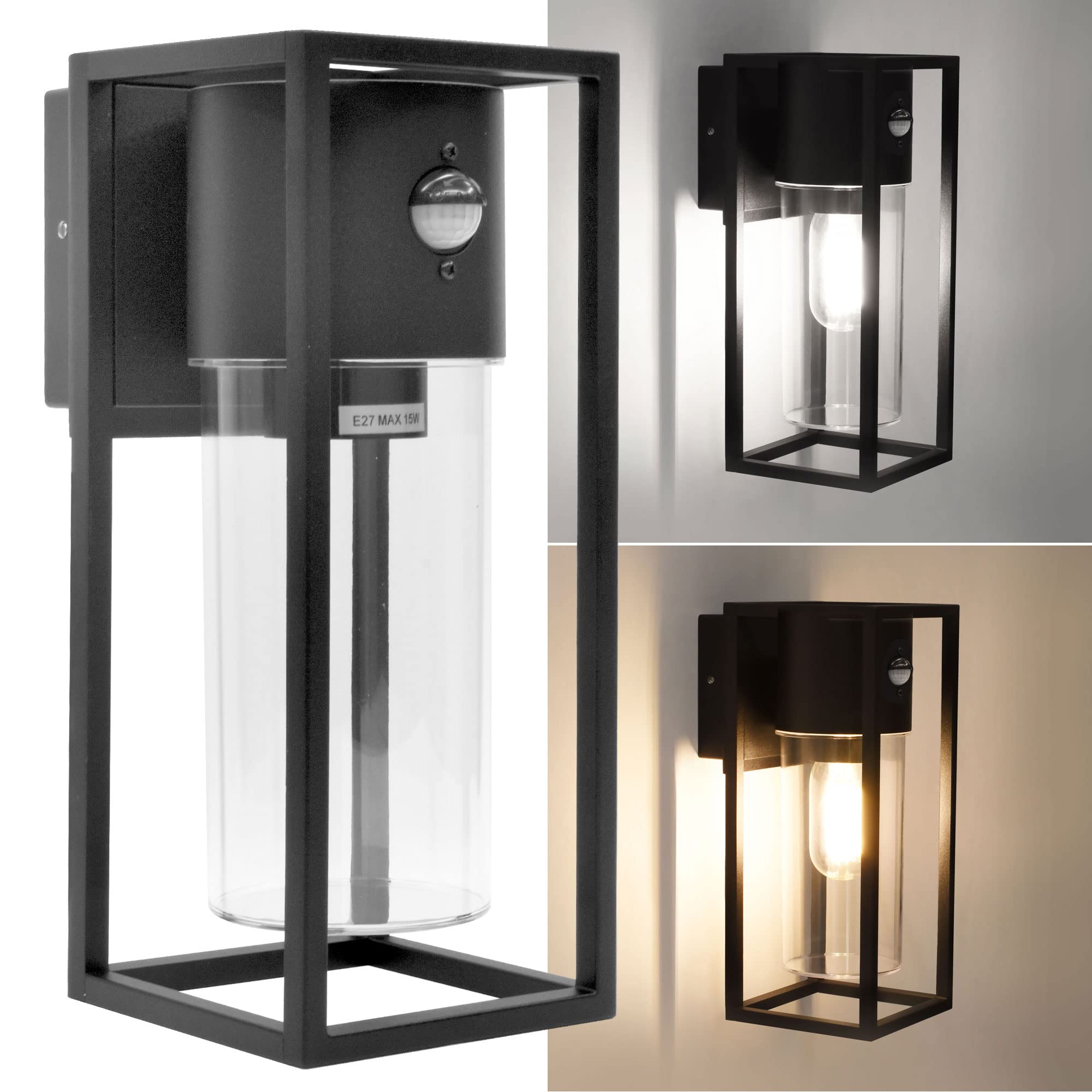 Maxkomfort Außenwandleuchte Wandlampe Außenleuchte E27 mit Bewegungsmelder Schwarz IP44 Beleuchtung Garten Sensor moderne Wandleuchte aus Aluminium 1845A1