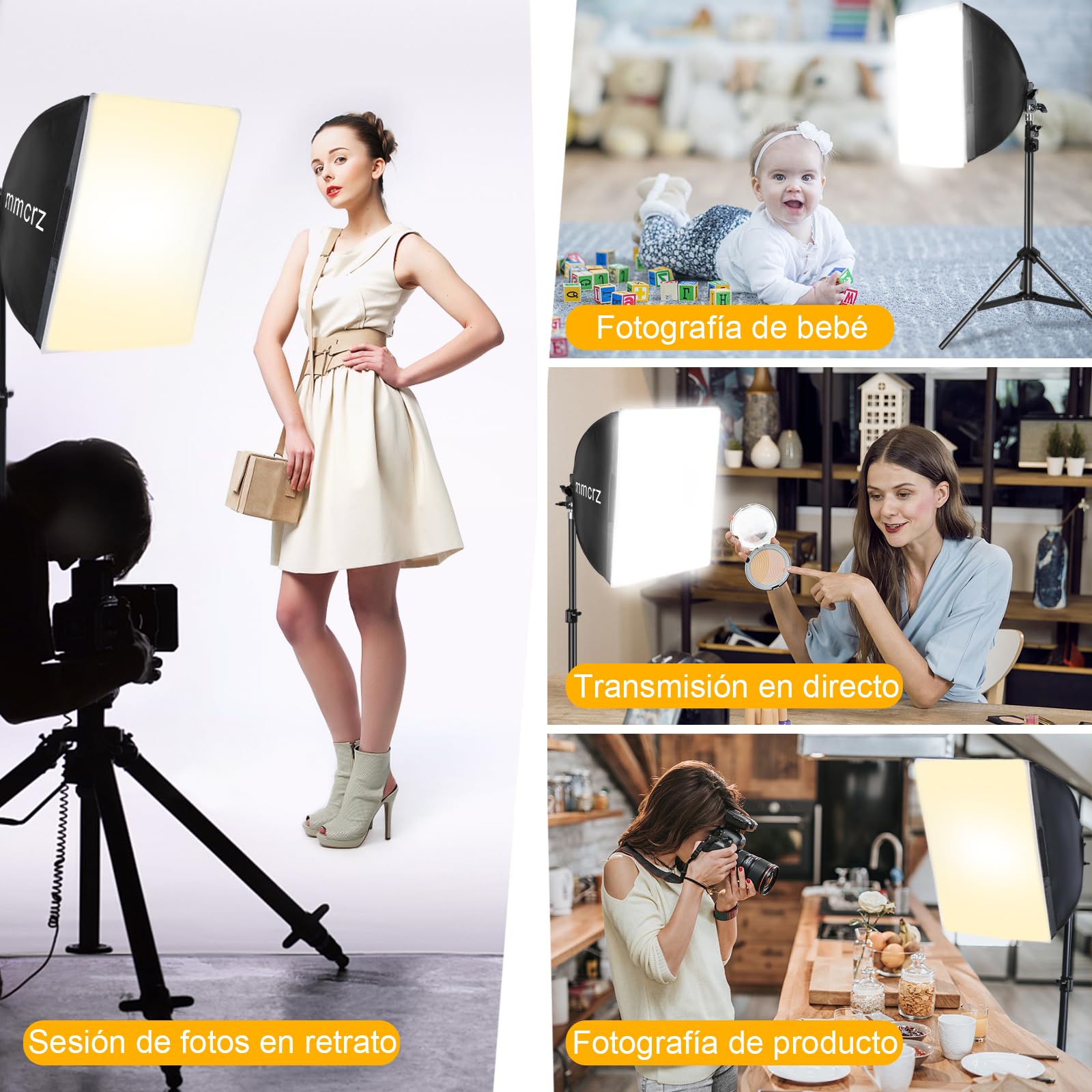 Kit de Iluminación Profesional con 2 Softbox 40 x 40cm, 85W 2700-6500K Bombillas LED E27 + Trípodes para Fotografía/Grabación/Transmisiones en Vivo