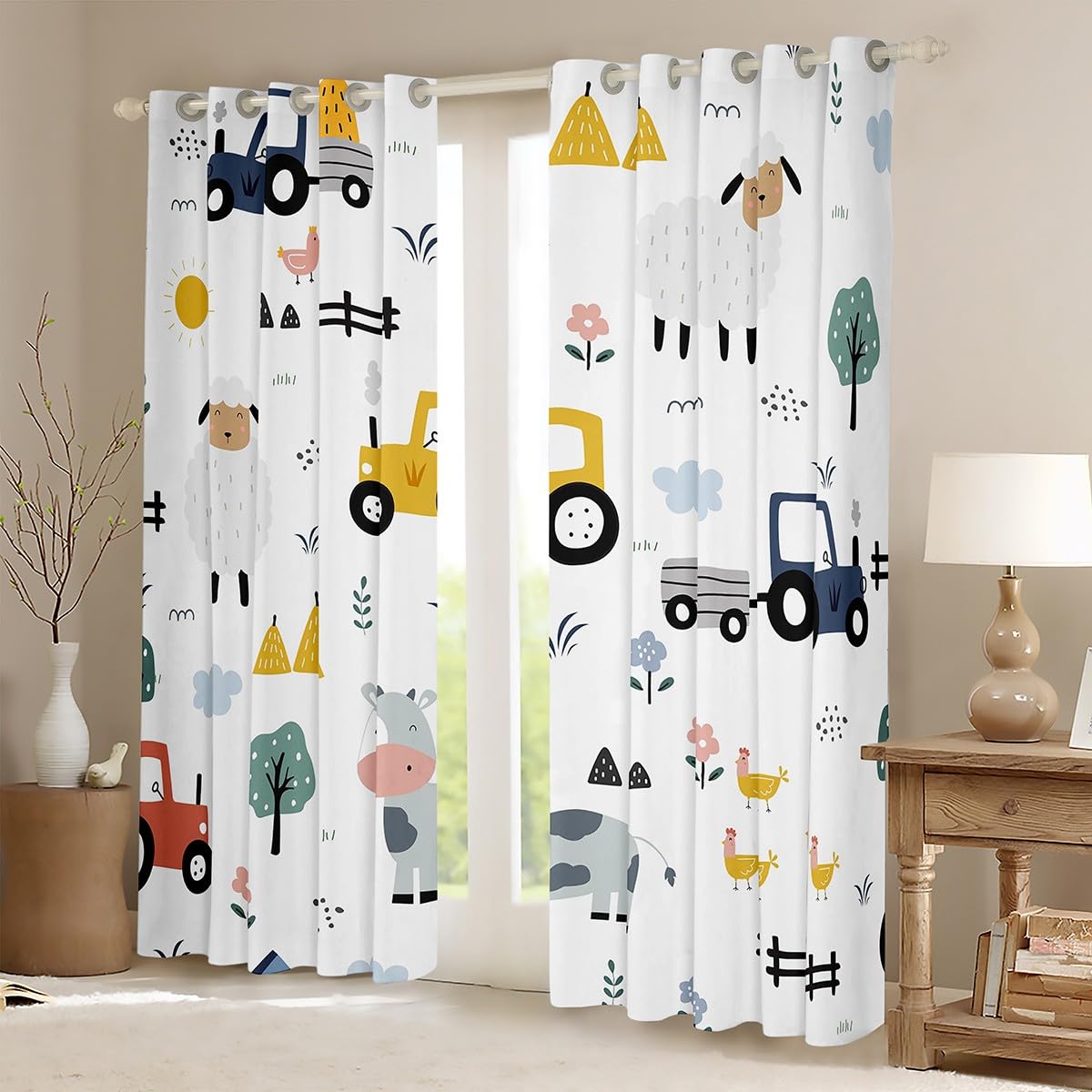Homemissing Tractor Darkening Dreapes Cartoon Farm Equipment Trucks Curtains for Bedroom Living Room Kids Boys Decor Farm Animal Blackout Curtains Farm Nursery Decor Window Treatments W46*L54 - Image 2