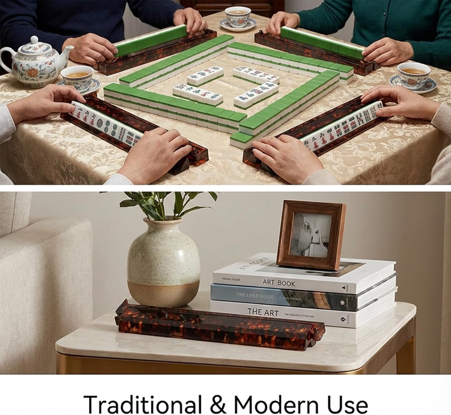 Tortoise Shell Acrylic Mahjong Rack Set, Mahjong Racks with Pushers, Majiang Tile Holder Acrylic Mahjong Racks Accessories (4pcs-A)