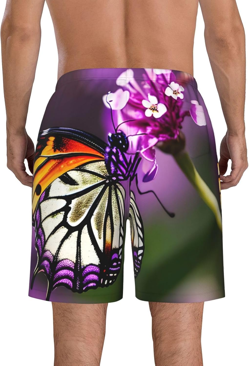 Mens Purple Plum Butterfly Print Beach Shorts,Casual Summer Shorts for Men,Quick Dry Polyester