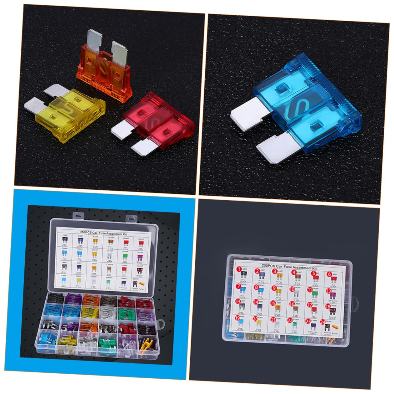 250Pcs Car Auto Fuse Assortment Kit Small and Medium Standard Replacement Blades for Vehicles Trucks Boats with Transparent PE Shell and Insert