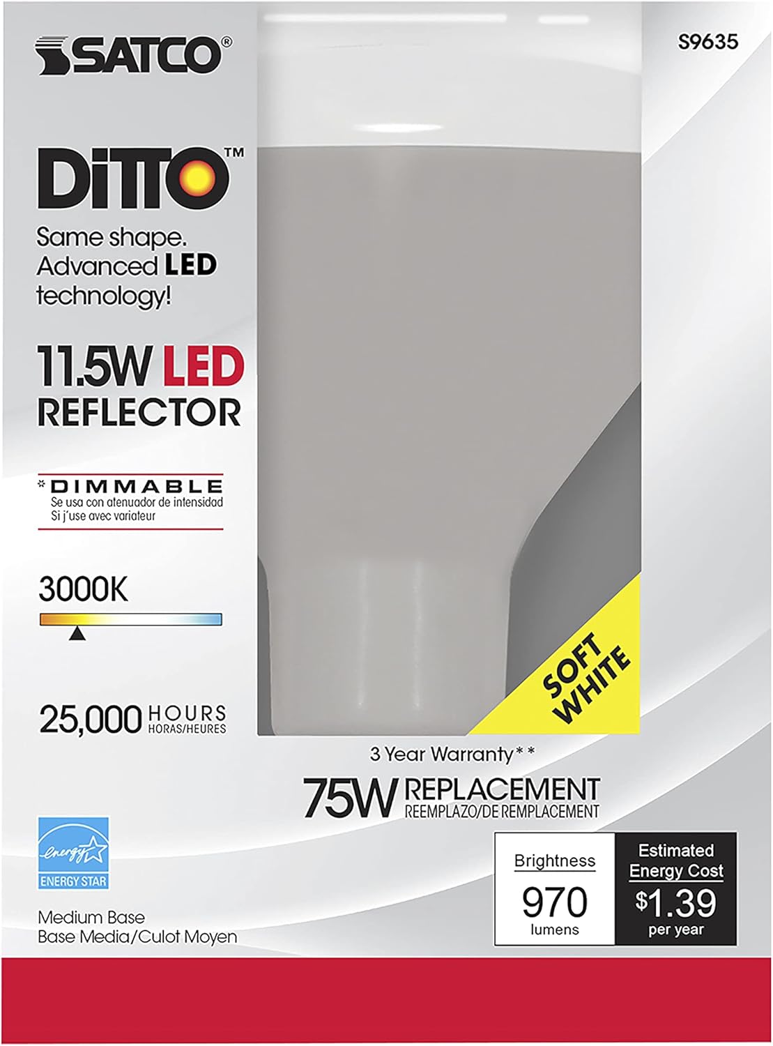 Satco S9635, 11.5 Watt, 3000K, 103 Deg. Beam Angle, Medium Base, 120 Volt, Dimmable, LED BR40 Bulb