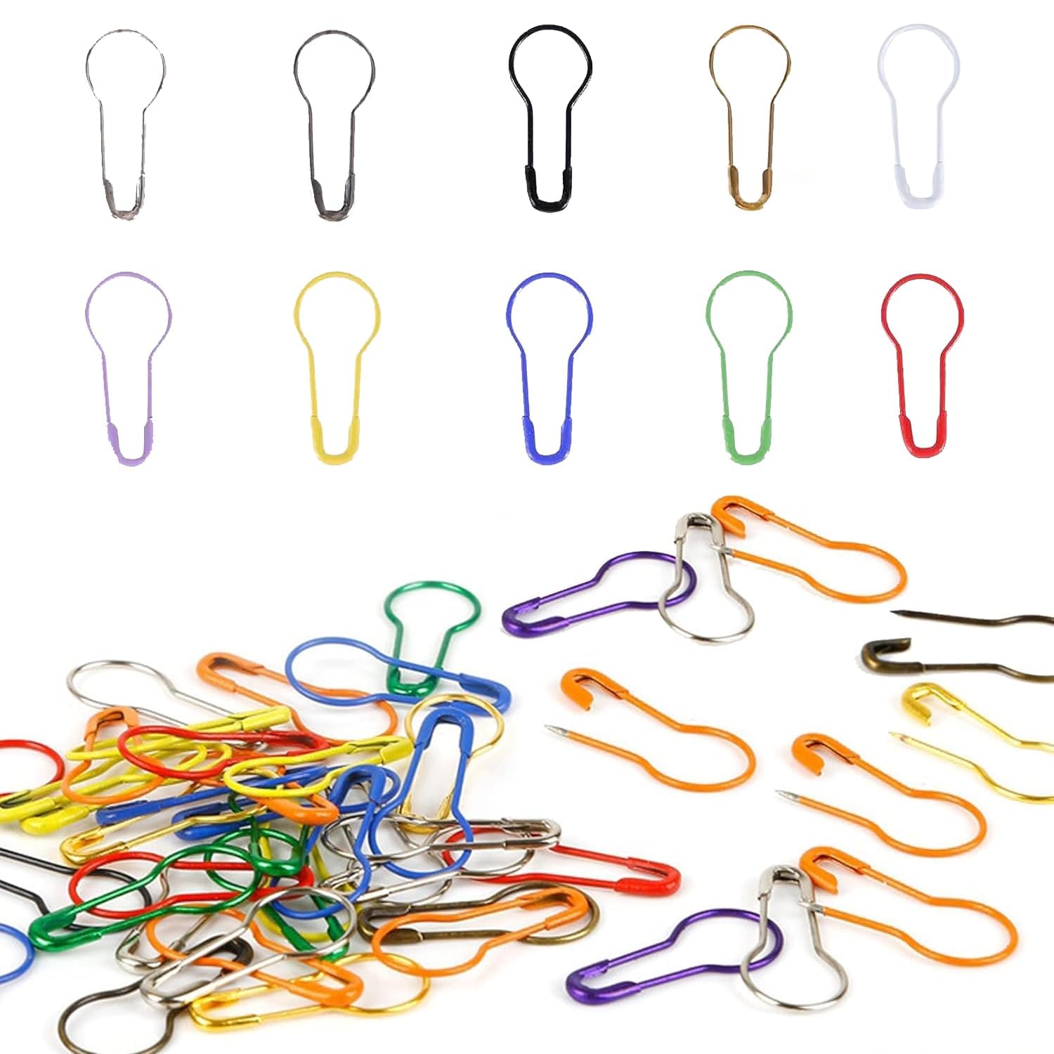 Nooynoeo No Bulb Safety Pins 100Pcs Metal Gourd Pin,Stitch Markers Knitting Crochet Locking Safety Pin Metal Clips Mixed Colours,Knitting Calabash Pins For Diy Crafting, Sewing, Clothing Making