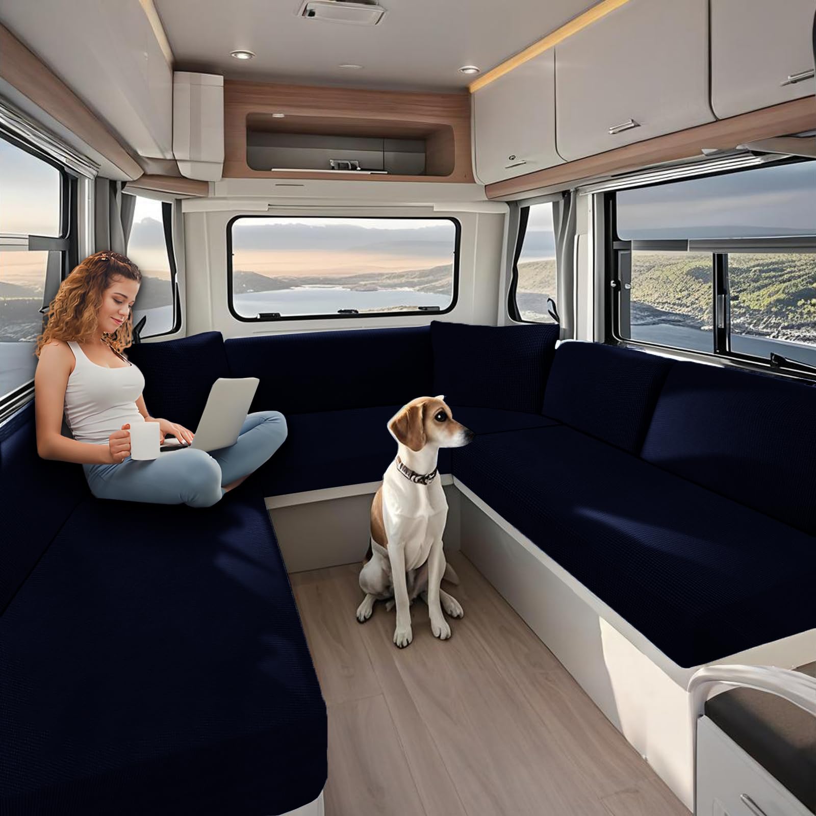 KYJSW High Stretch Caravan Couch Seat Cover Backrest Cover Double Non-Slip RV Dinette Cushion Covers With Elasticated And Tie-Down Straps (Navy blue,W 150-190 cm, D 50-70 cm)