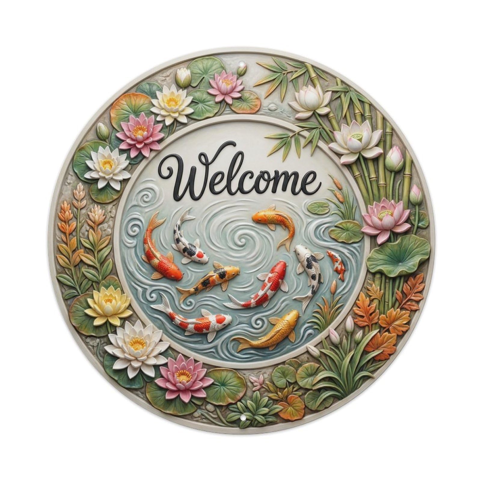 Tgrcjimh Style Metal Tin Sign Koi Fish Welcome Zen Pond