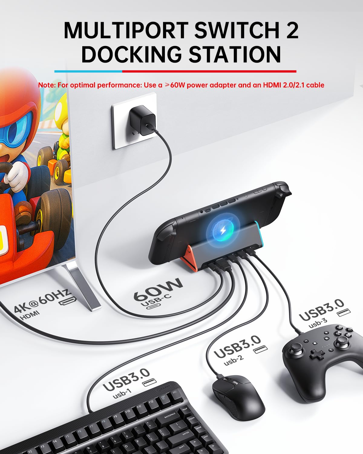 Switch 2 Dock - Adattatore TV 4K, docking station portatile per console di gioco Nintendo Switch2, set di accessori con connettore base da viaggio (3 porte USB 3.0, ingresso