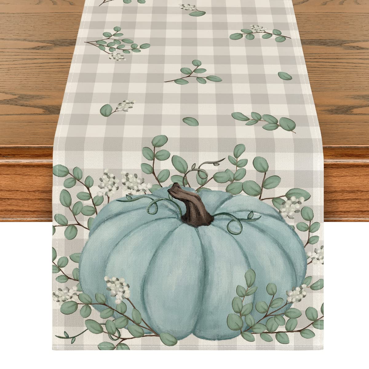Artoid Mode Buffalo Plaid Pumpkin Eucalyptus Leaves Fall Table Runner ...