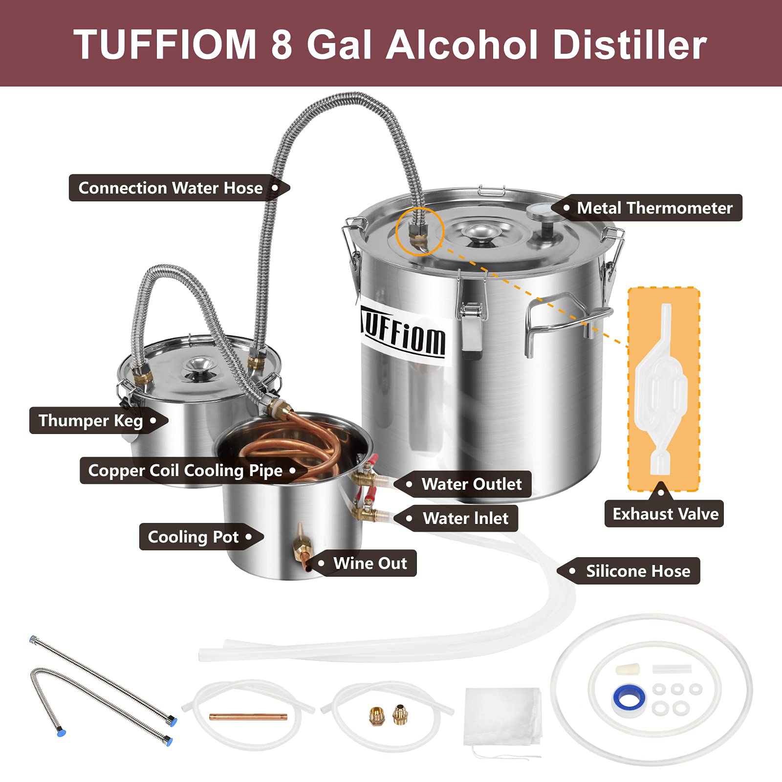 ROVSUN 8 Gal 30L Alcohol Still, 3 Pot Water Alcohol Distiller Kit Copper Tube with Thumper