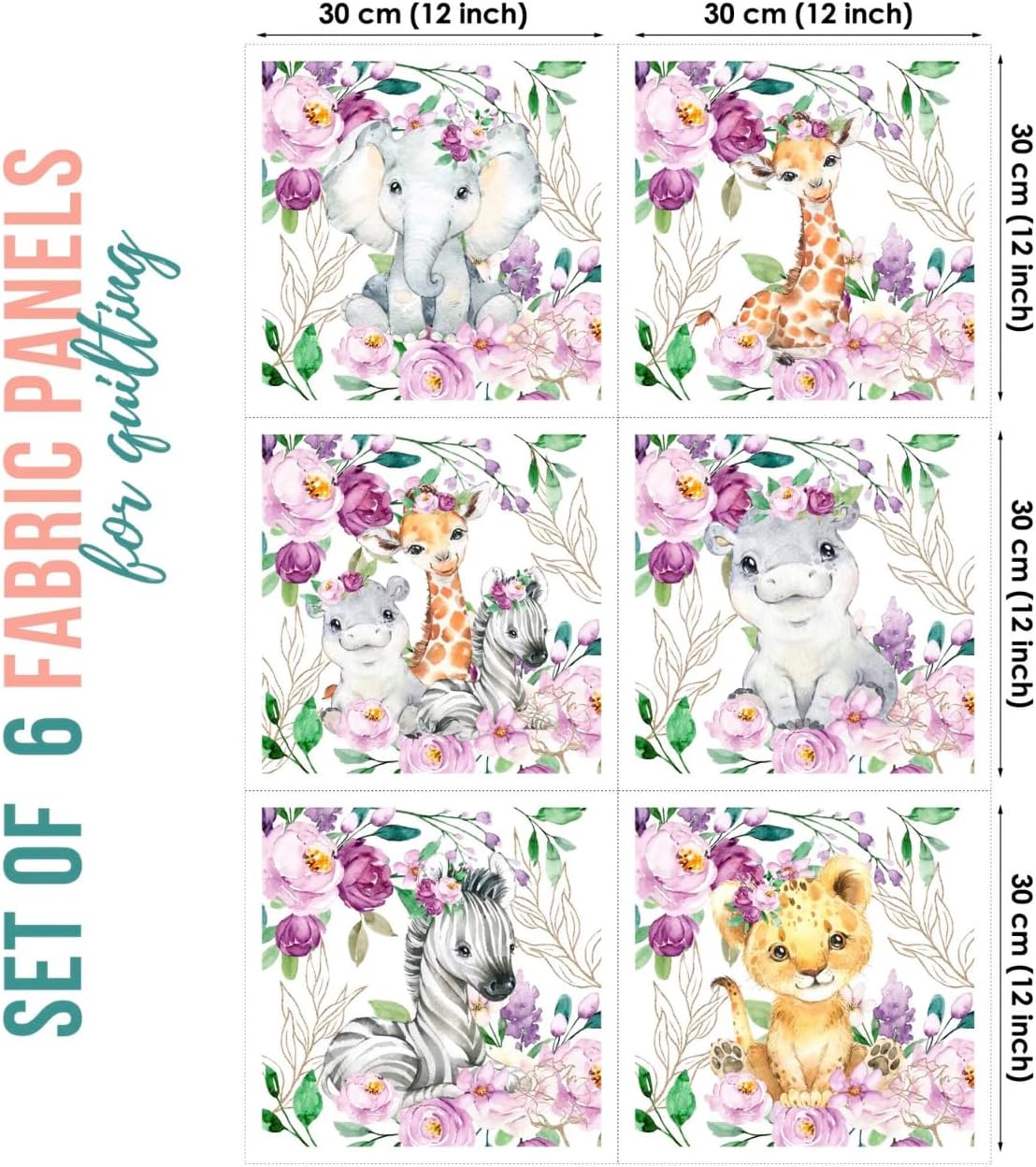 UNIQUE Safari Violet Flowers Fabric Set (6 Panels, 12x12in Each), Quilting, Baby Quilt, Cotton Fabric for Quilting
