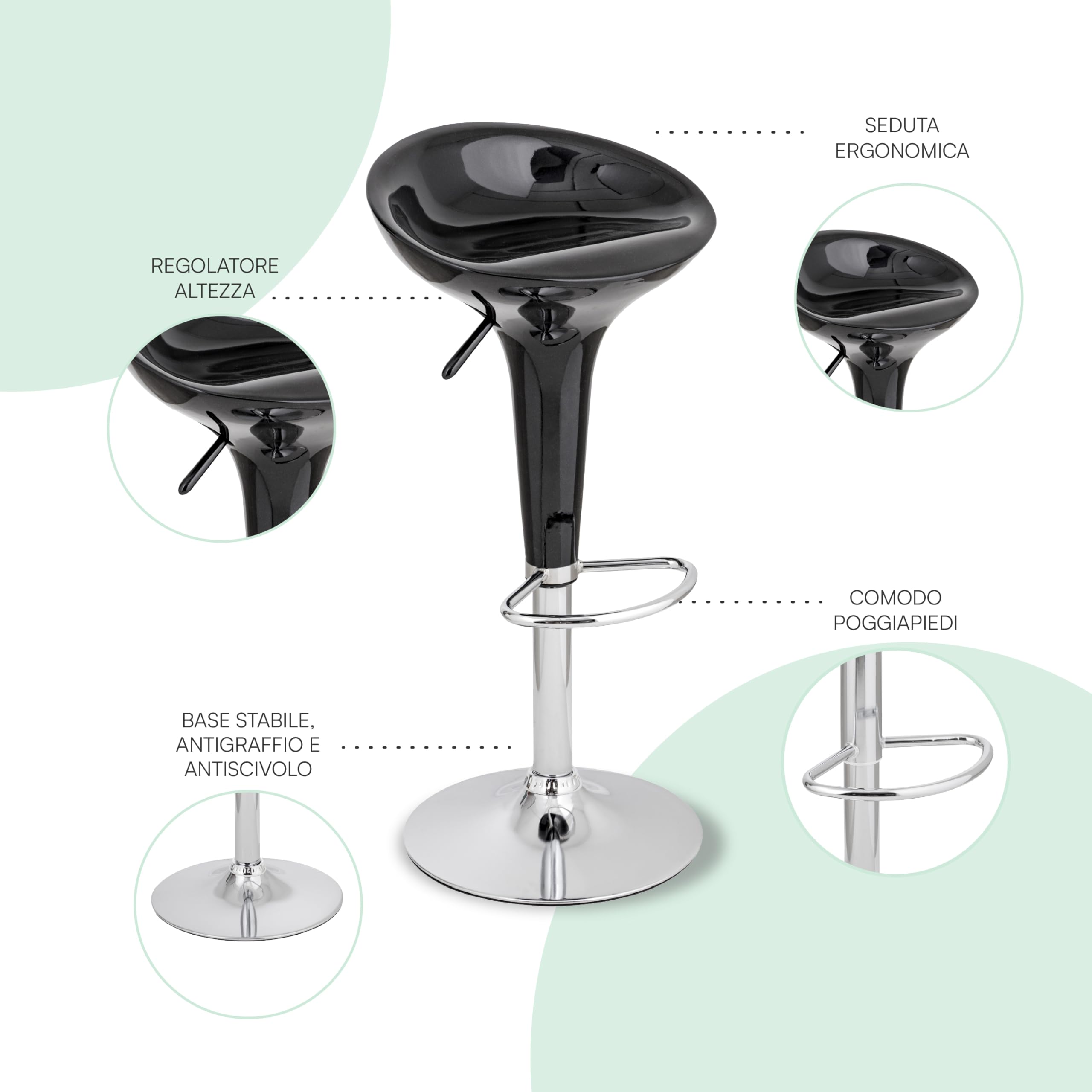 Baroni Home Sgabello Bar Girevole con Altezza Regolabile, Seduta in Plastica Base Cromata con Poggiapiedi e Fondo Antigraffio, Sgabello Cucina, Ristorante, Penisola, 40x45x59-79 cm, Nero, 1 Pezzo