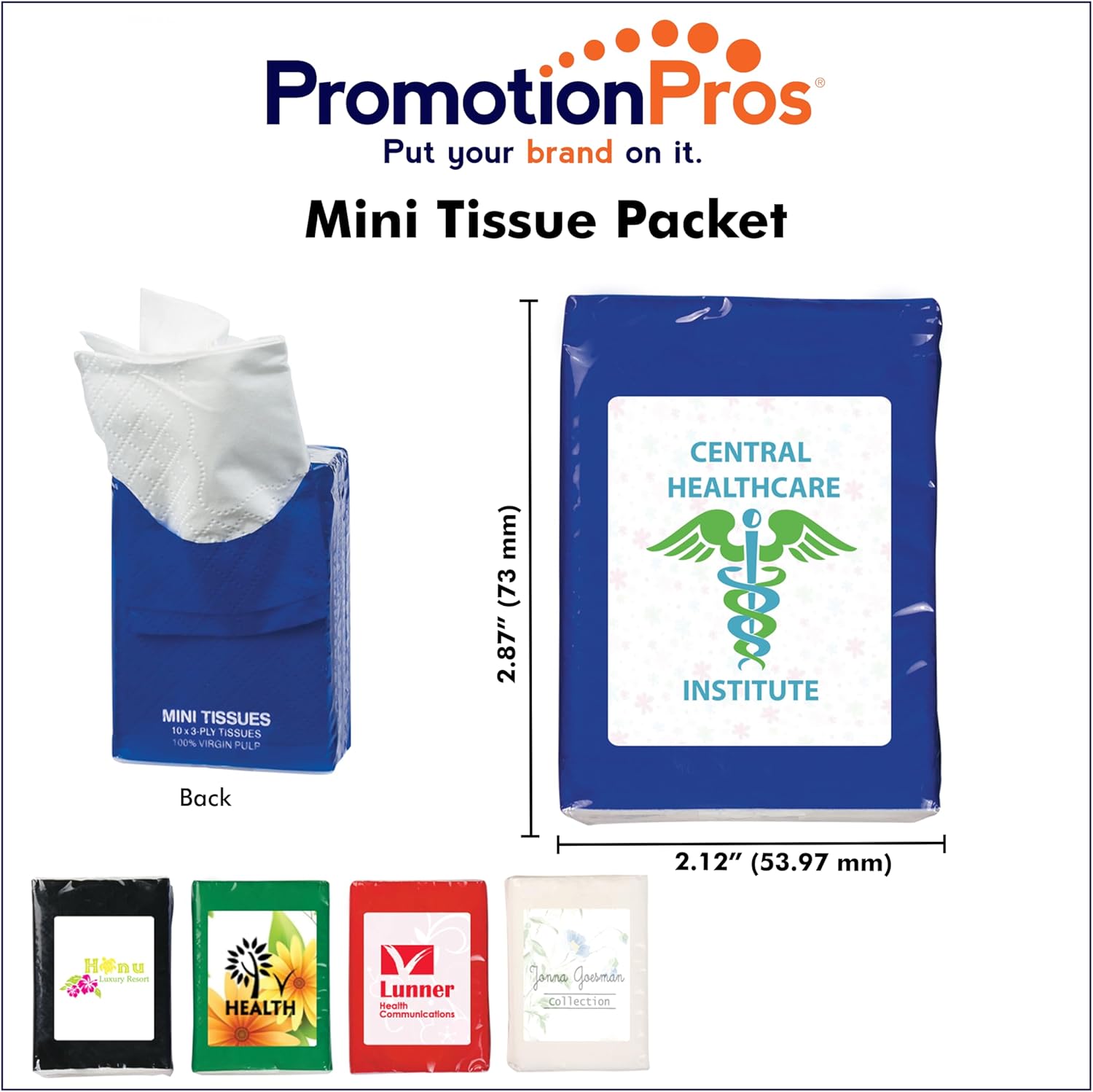Mini Tissue Packet Customized With Text Name or Image $0.99 Each - Sold in Pack of 250 - White