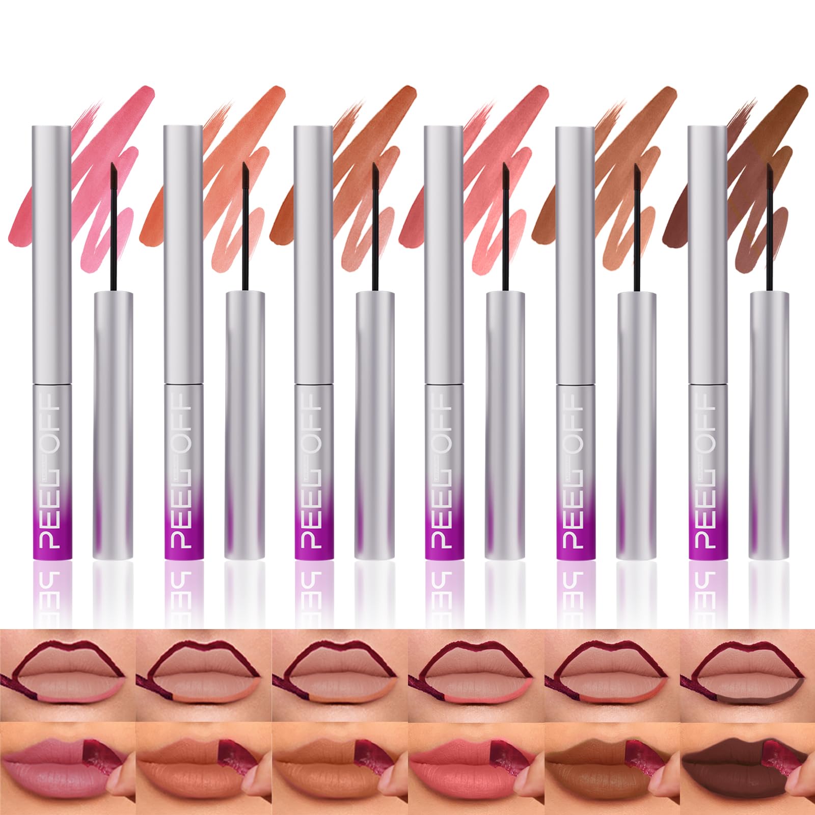 LANGMANNI 6Pcs Peel Off Lip Liner Set,Lip Stain Peel Off,Long-Lasting Waterproof & Smudge-Proof Matte Lip Liners With Ergonomic Handle & Precision Brush,Makeup Gift for Girls (6 Colors Set) 6 Colors Set 0.08 Fl Oz (Pack of 6)