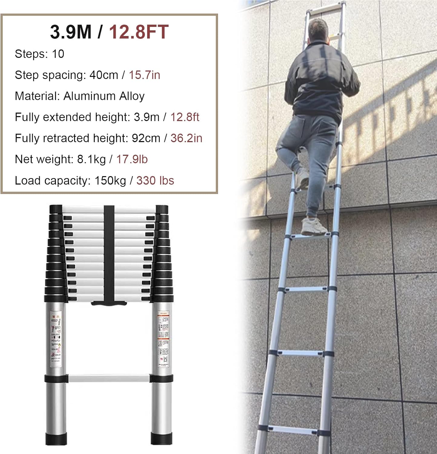 Telescopic Ladder 3.5m/4m/5.5m/7m Extension Telescopic Ladder, Home/Attic/Office/Industrial Telescoping Ladder, Lightweight Non-Slip Climbing Ladders (Size : 3.9m/12.8ft)