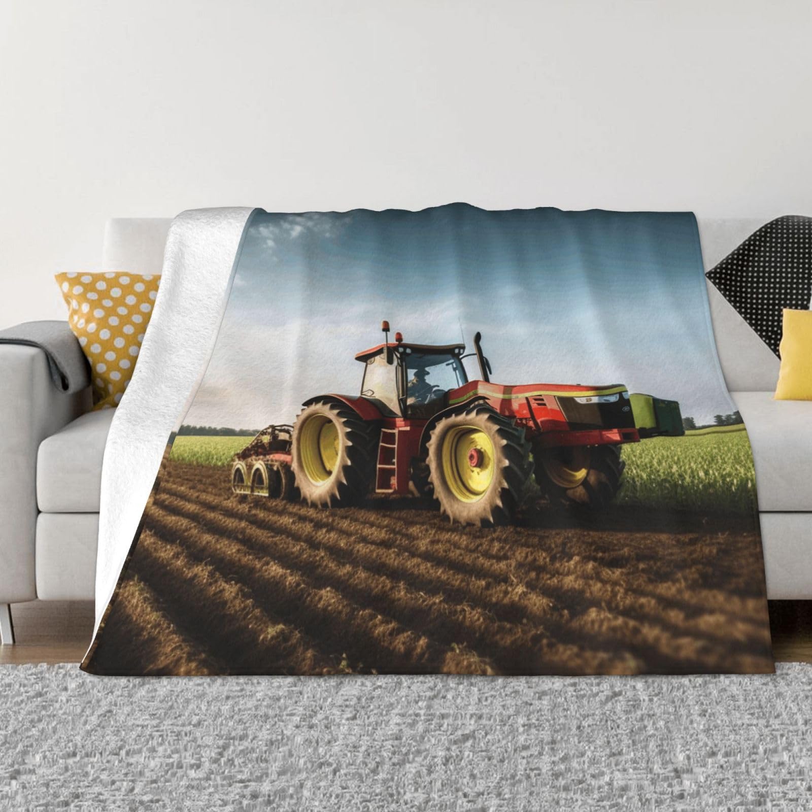 KLOPH Tractor Farm Throw Blanket 50"x40" Flannel Fluffy Warm Blanket for Couch, Reversible Plush Blankets for Bed, Comfy Fuzzy Blanket for Sofa, Plush Lightweight-Blankets for All Season