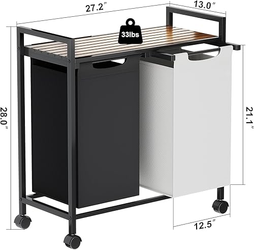 Miniatura 6 de ZERDER Cesta de lavandería, 2 cestas de lavandería en blanco y negro, con estante superior y 4 ruedas universales, bolsas clasificadoras de