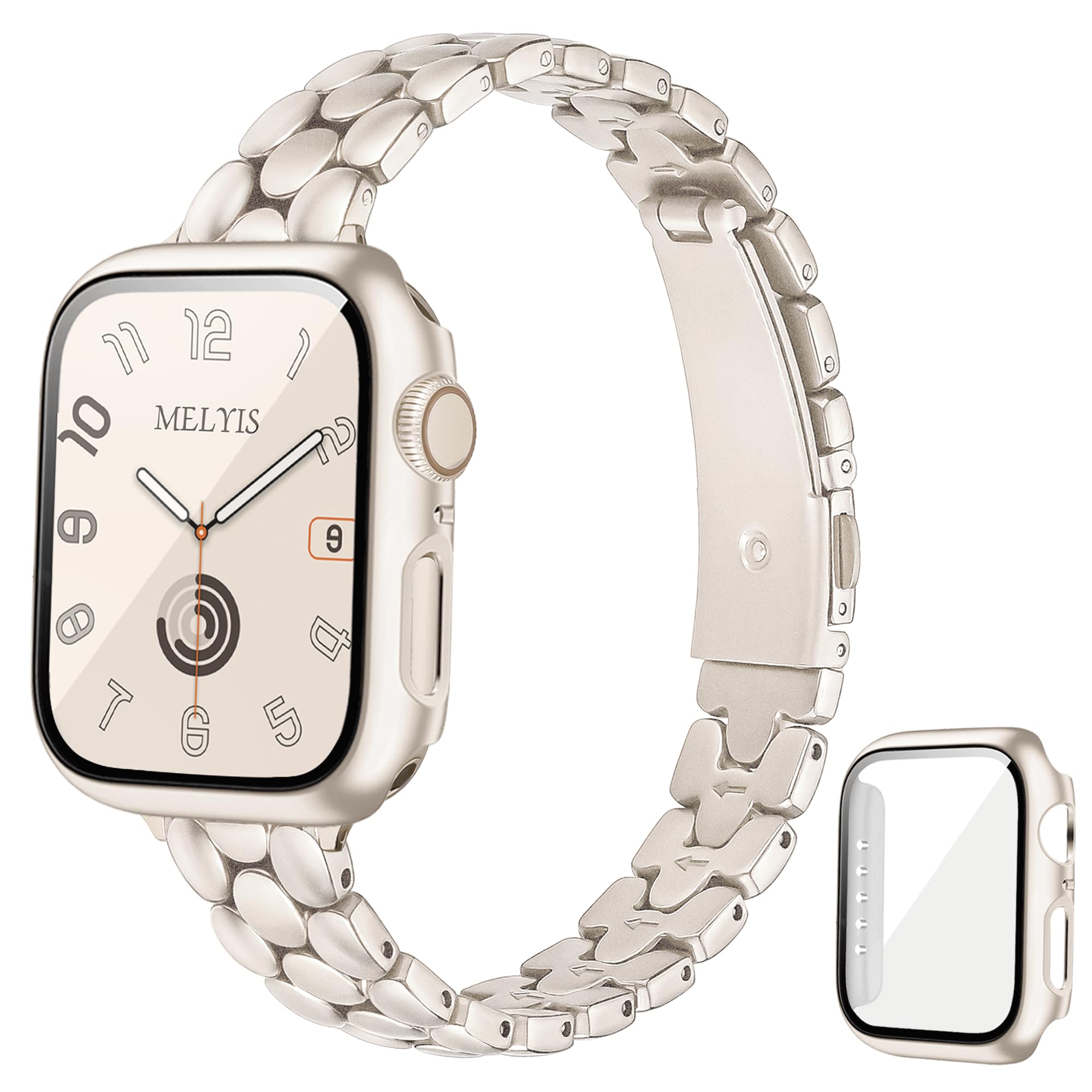 Melyis Cinturino sottile in metallo con custodia per Apple Watch da donna 40 mm, cinturino sottile in acciaio inossidabile per iWatch da donna, elegante cinturino per Apple Watch con pellicola