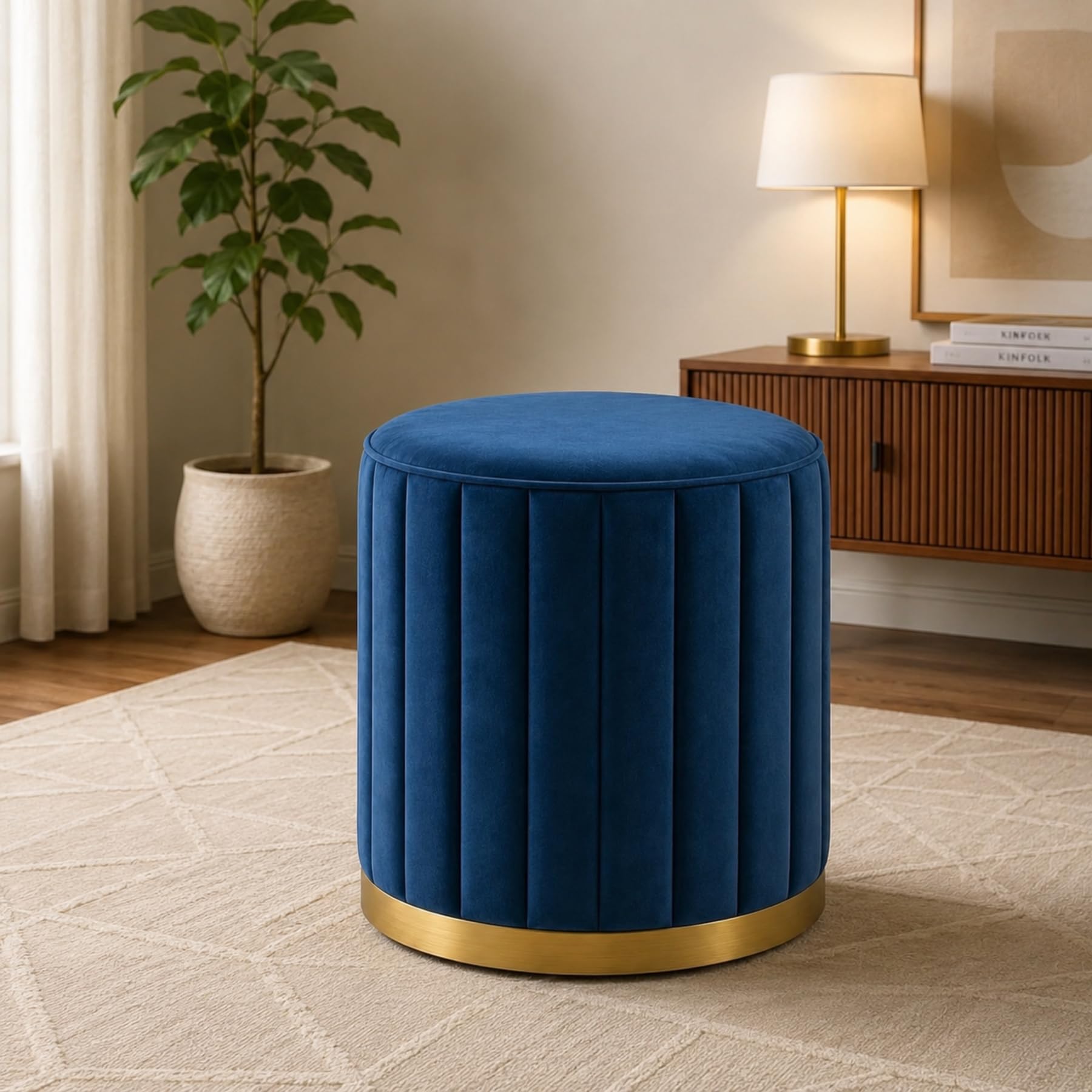 Living Room Ottoman Puffy Stool | Sitting Velvet Ottoman Pouffes | Foot Rest Ottoman Stools | Office Stools | Office Home Decoration & Dressing Table Pouf (Blue)-image-6