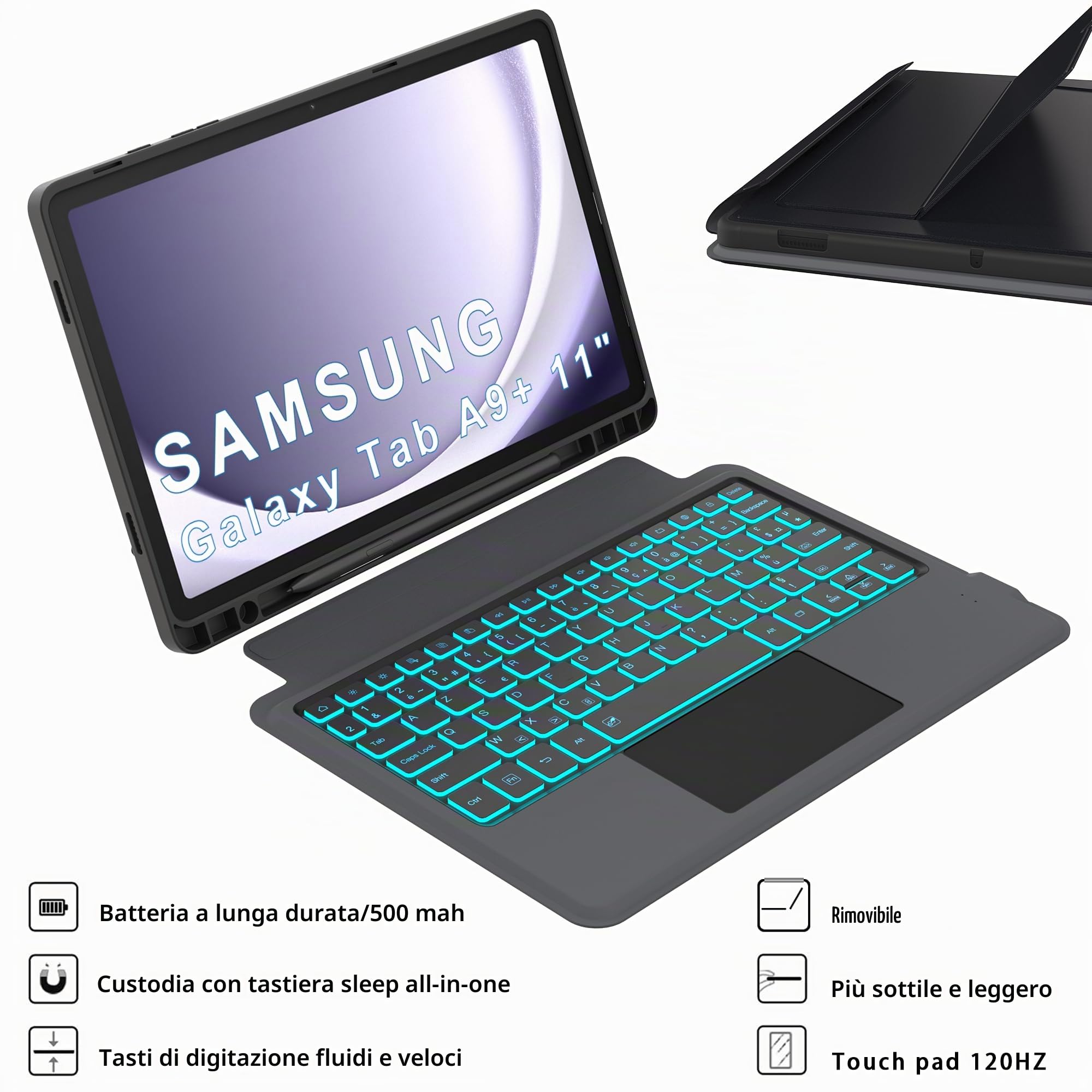 Custodia tastiera AZERTY francese per Samsung Galaxy Tab A9+ Plus 11 pollice 2023 | Retroilluminato 7 Colori Touchpad, Rimovibile, Magnetico, Portapenne Custodia Protettiva TPU Viaggio Studente