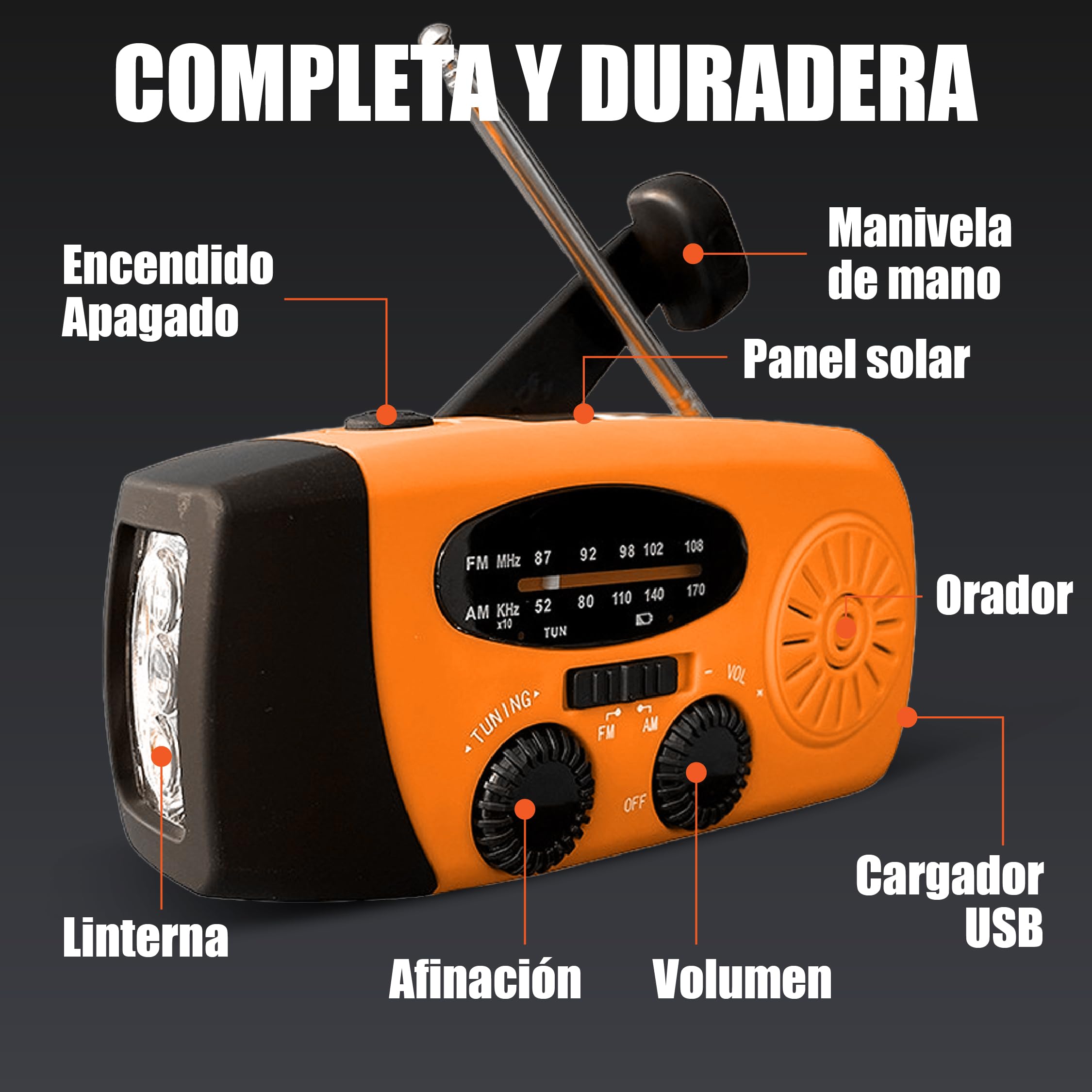 Radio Solar de Emergencia con Manivela, Linterna LED, Power Bank USB, Radio Am/FM Recargable, Dinamo Portátil para Camping, Supervivencia, SOS + Tarjeta Multiherramienta