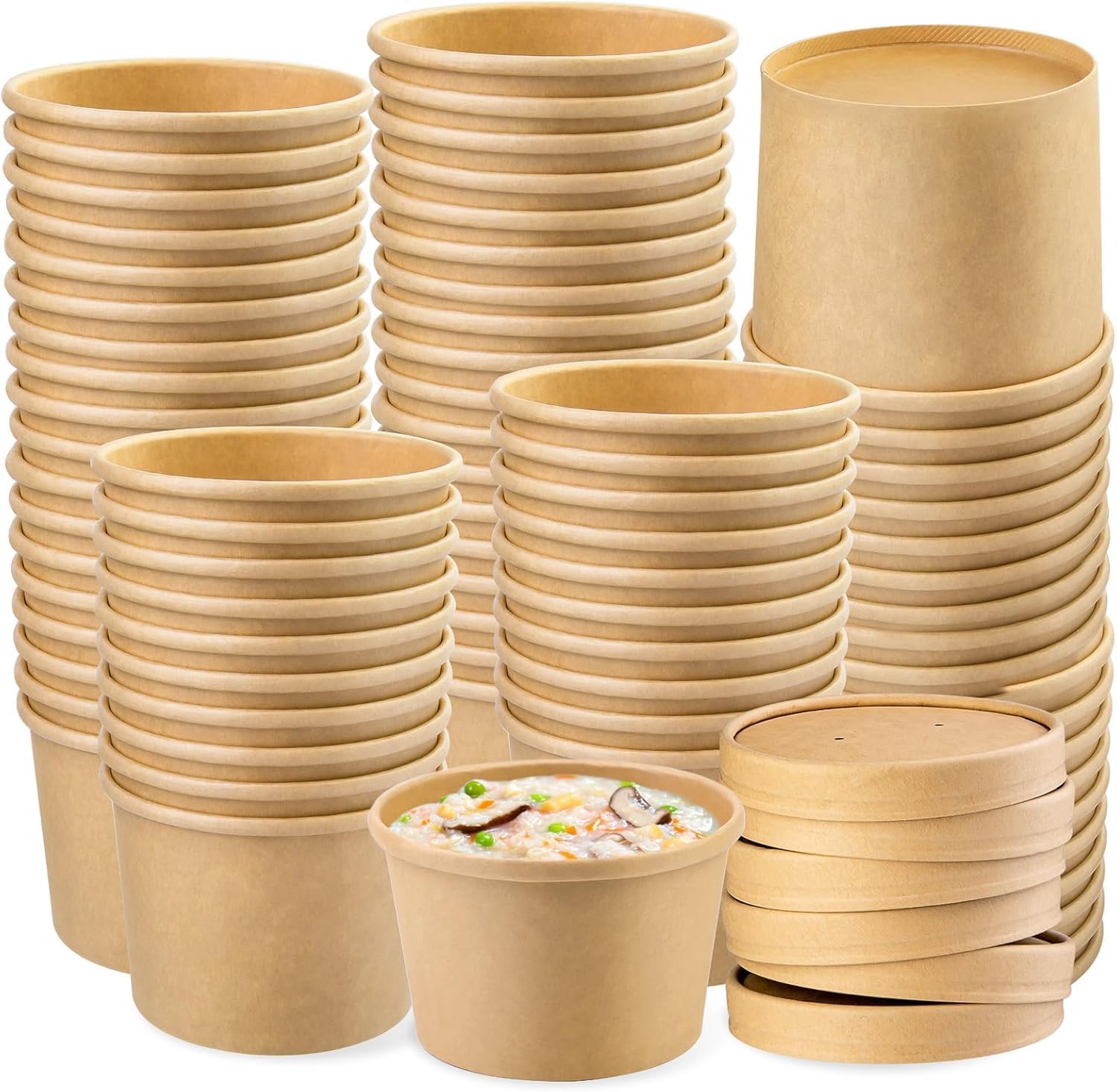 VIVAAS 50 X 8oz Disposable Soup Containers with Lids Paper Bowl Brown Kraft Takeaway Paper Soup Cups Takeaway Tubs for Hot or Cold Food Ice Cream, Dessert, Sundae, Frozen Yogurt, Deli Containers