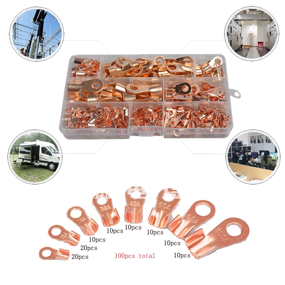 100pcs Open Barrel Wire Crimp Copper Ring Terminal Lugs Assortment Set Kit OT 5A to 100A