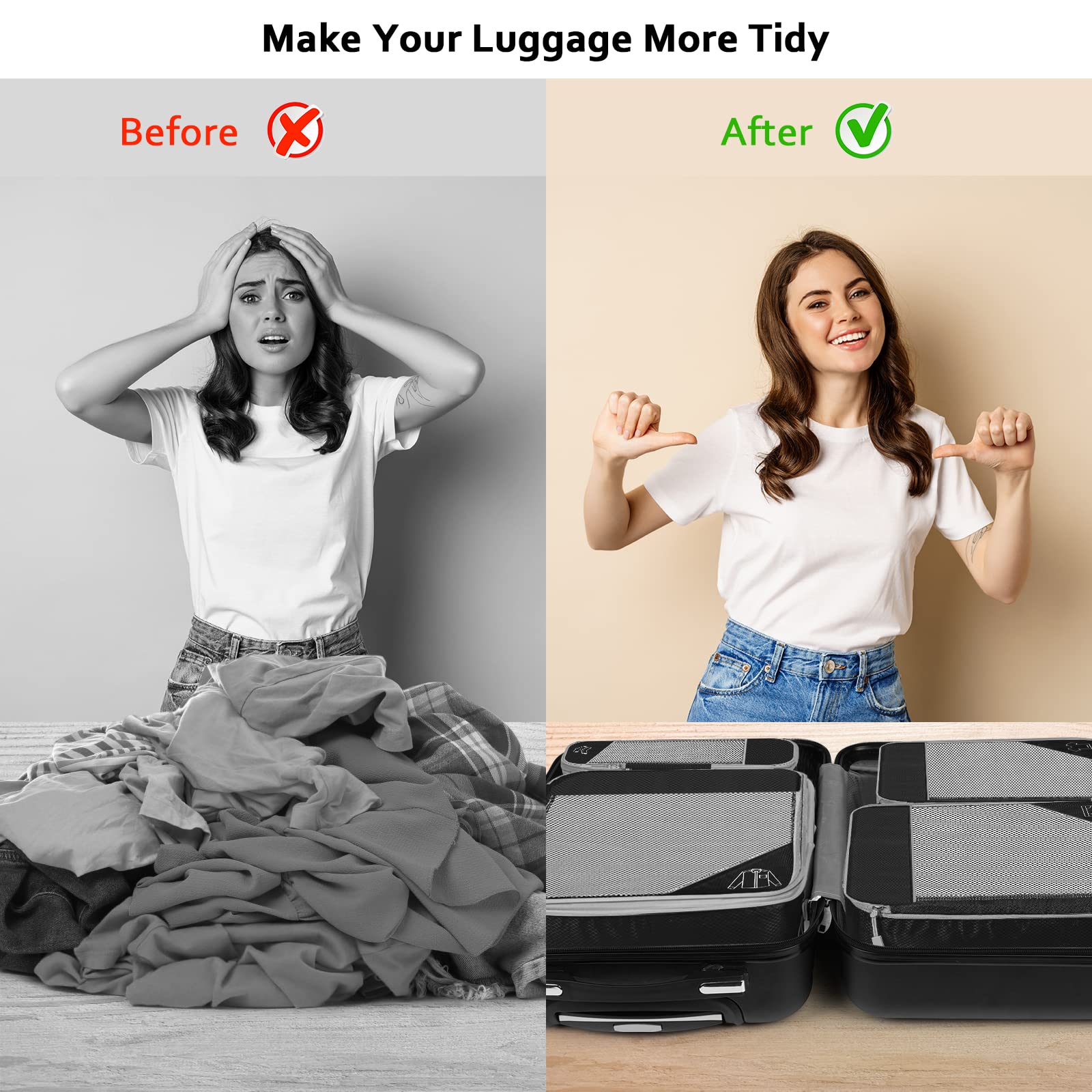 TAMOWA Luggage Storage Bag with Mesh Compression Set of 7 Black