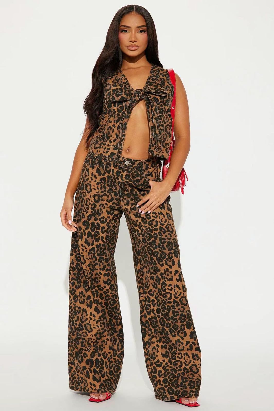 Jeans Donna A Gamba Larga Casual Jeans-Stampa Leopardo-XS