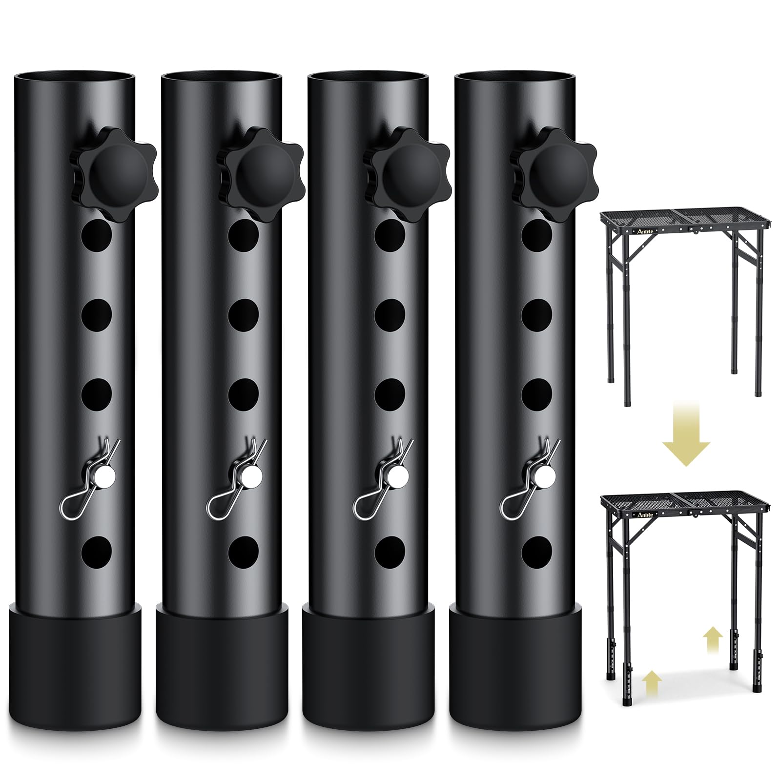 Anbte Lot de 4 Rallonges de Pieds de Table Pliantes, 5 Niveaux Réglables en Hauteur, Rehausseur de Pied de Table, Supports en Acier Robuste pour Pieds Droits et Pliés, Réduit Le Travail Arrêté, Noir