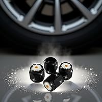 Vista 2 de Tapas de vástago de válvula de neumático de margarita, 4 tapas de válvula de aire de metal negro, tapas de vástago de rueda de automóvil