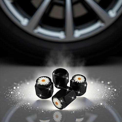 Miniatura 2 de Tapas de vástago de válvula de neumático de margarita, 4 tapas de válvula de aire de metal negro, tapas de vástago de rueda de automóvil de