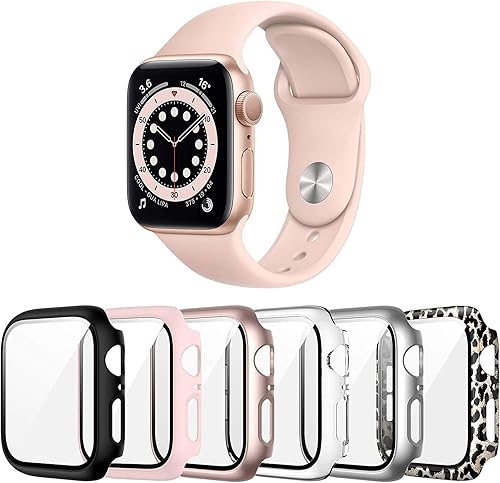 Landhoo Paquete de 6 fundas para Apple Watch Series 7 1.772in Protector de pantalla con vidrio templado, PC duro HD cubierta completa protectora