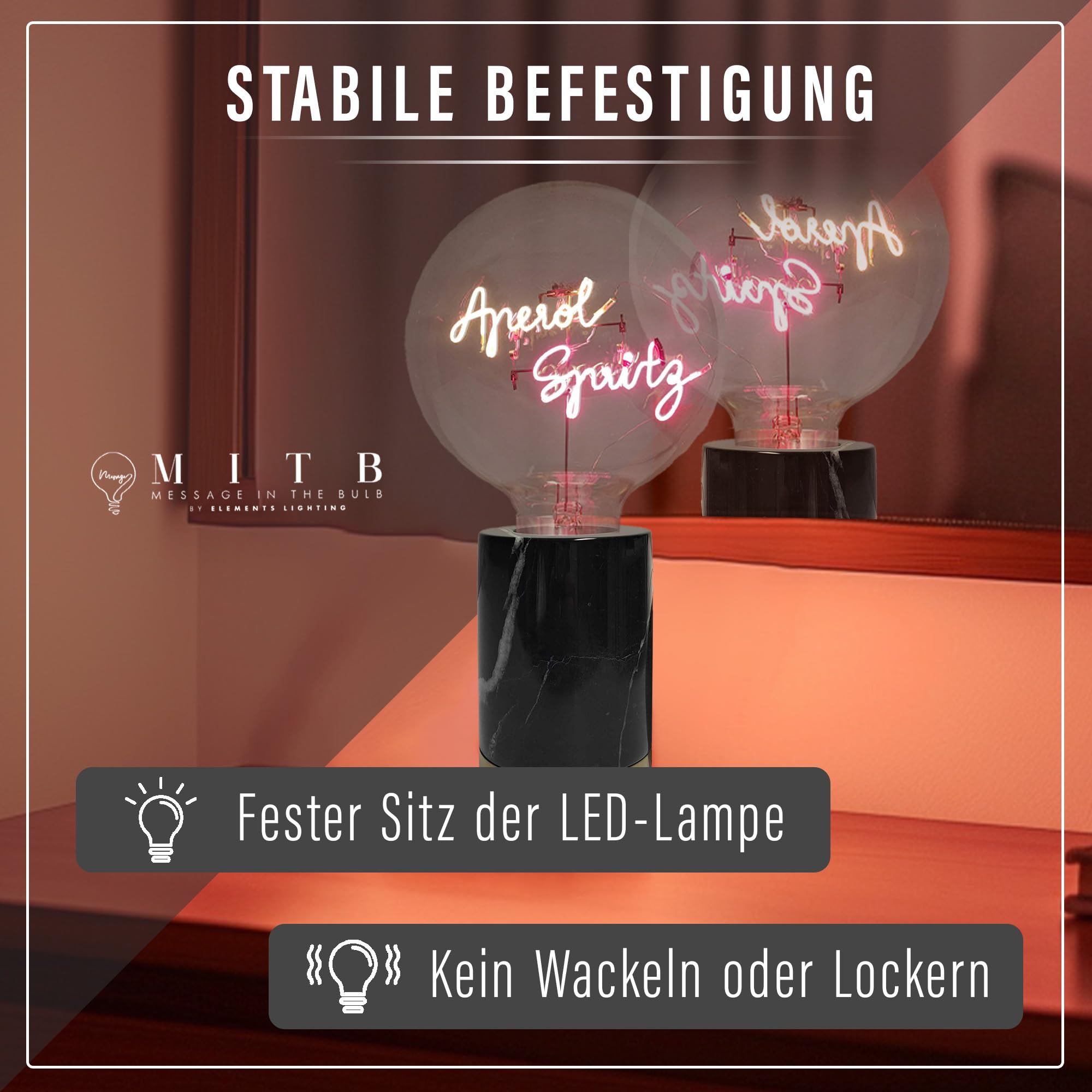 Fitz Lampenfuß E27 für Vintage Lampe, Lampenfassung Tischlampe in „Marmor-Optik“ 11 cm dimmbar, Retro-Lampensockel für Nachttischlampe, Message in the Bulb, Kabelgebunden, Elements Lighting