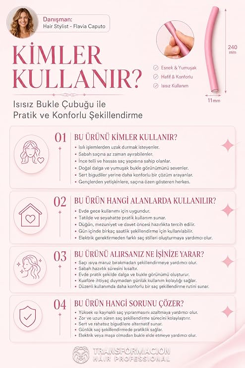 Transformacion 10'lu Sosis Bigudi Seti 8mm | İnce Sıkı Bukle ve Lüle için Isısız Esnek Saç Şekillendirici | Afro Dalga Bigudisi 721387