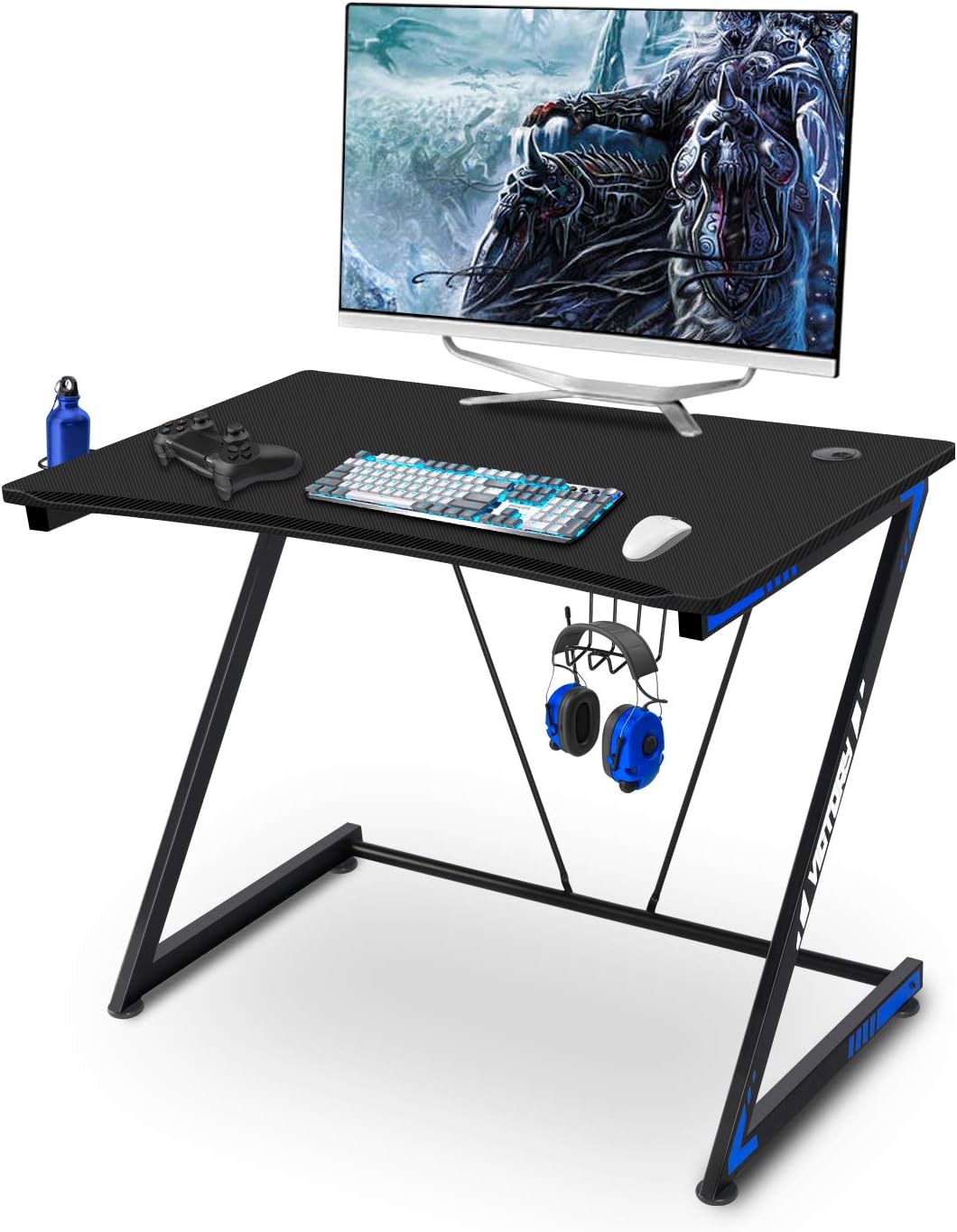 Gaming Desk 39.3 inch PC Computer Table Ergonomic Z-Shaped Gamer Workstation Writing Desk with Cup Holder and Headphone Hook Home Office Desk (Black and Blue, 39.3 inch)