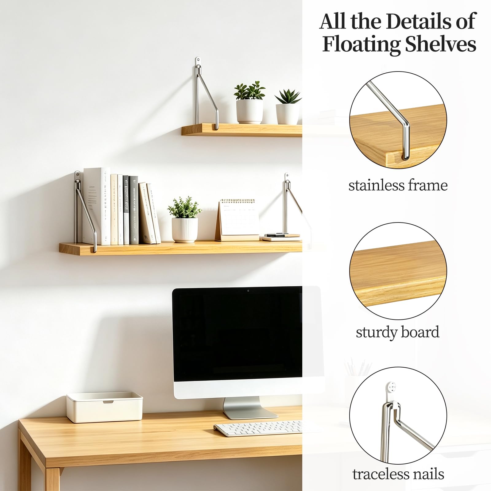 Étagères murales flottantes en bois rustique avec supports en acier inoxydable de 60 cm, étagère de rangement sans perçage pour salon, cuisine