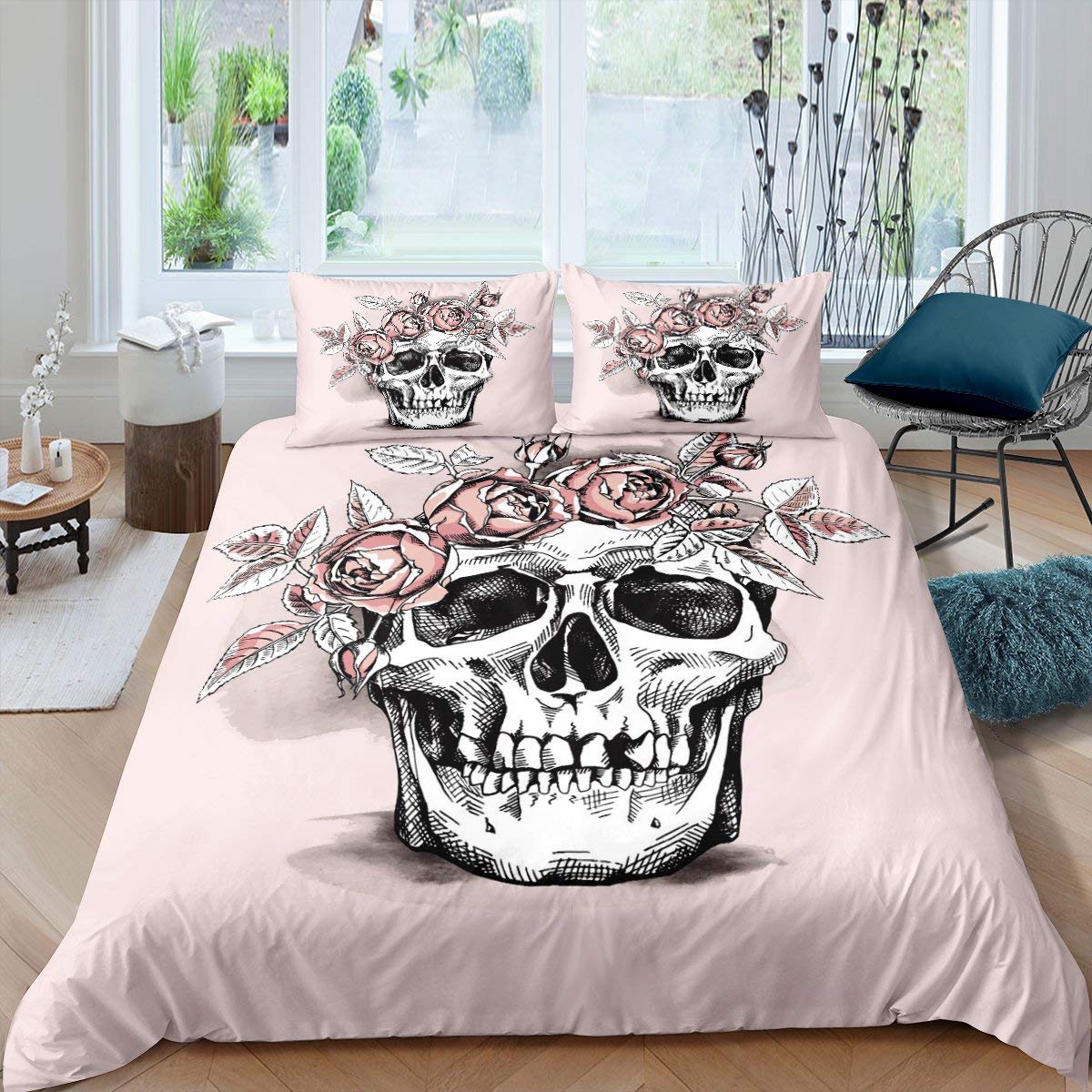 AILONEN Set Copripiumino King Size Con Teschi E Rose Rosse - 3 Pezzi Per Halloween, Microfibra Morbida - 4