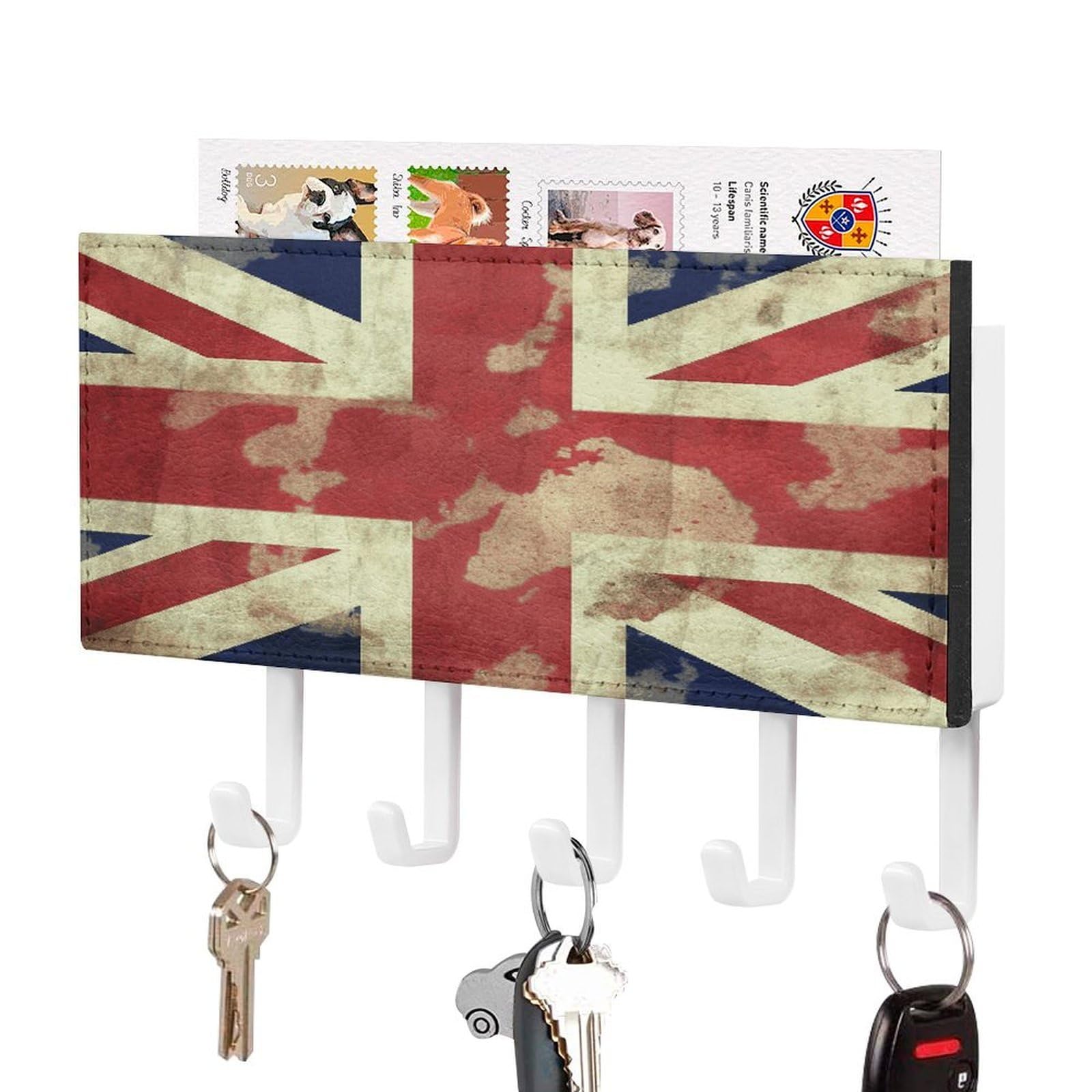 LDGSUPH Vintage Union Jack British Flag Key Holder Wall Mount Key Hanger with 5 Hooks Fashion Key Organizer Rack Hanging Key Hooks with Mail Organizer Key Rack for Home Entryway Hallway White-Style