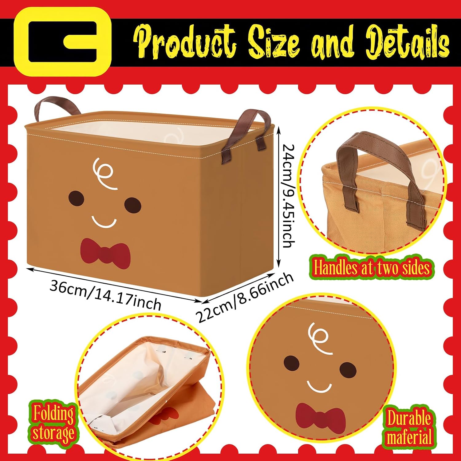 4 Pcs Christmas Storage Bins 14.2 x 8.7 x 9.5 Inch Red Green Santa Claus Gingerbread Foldable Christmas Baskets for Gift Collapsible Xmas Organizer Cube Box with Handle for Office Home Bedroom