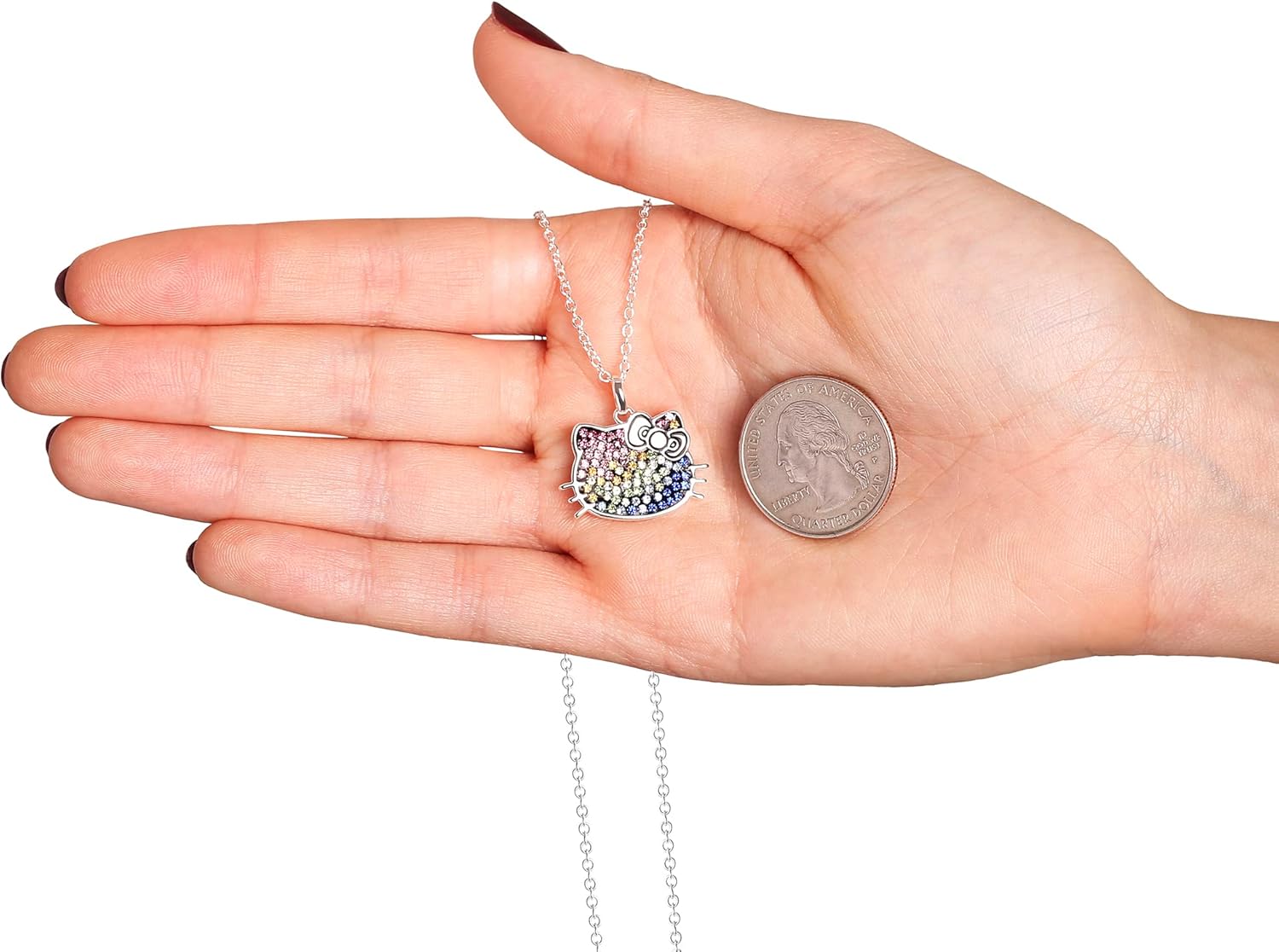 SALLY ROSE Sanrio Hello Kitty Womens Necklace 18" - Silver Plated Hello Kitty Necklace with Rainbow Crystal Pendant Officially Licensed