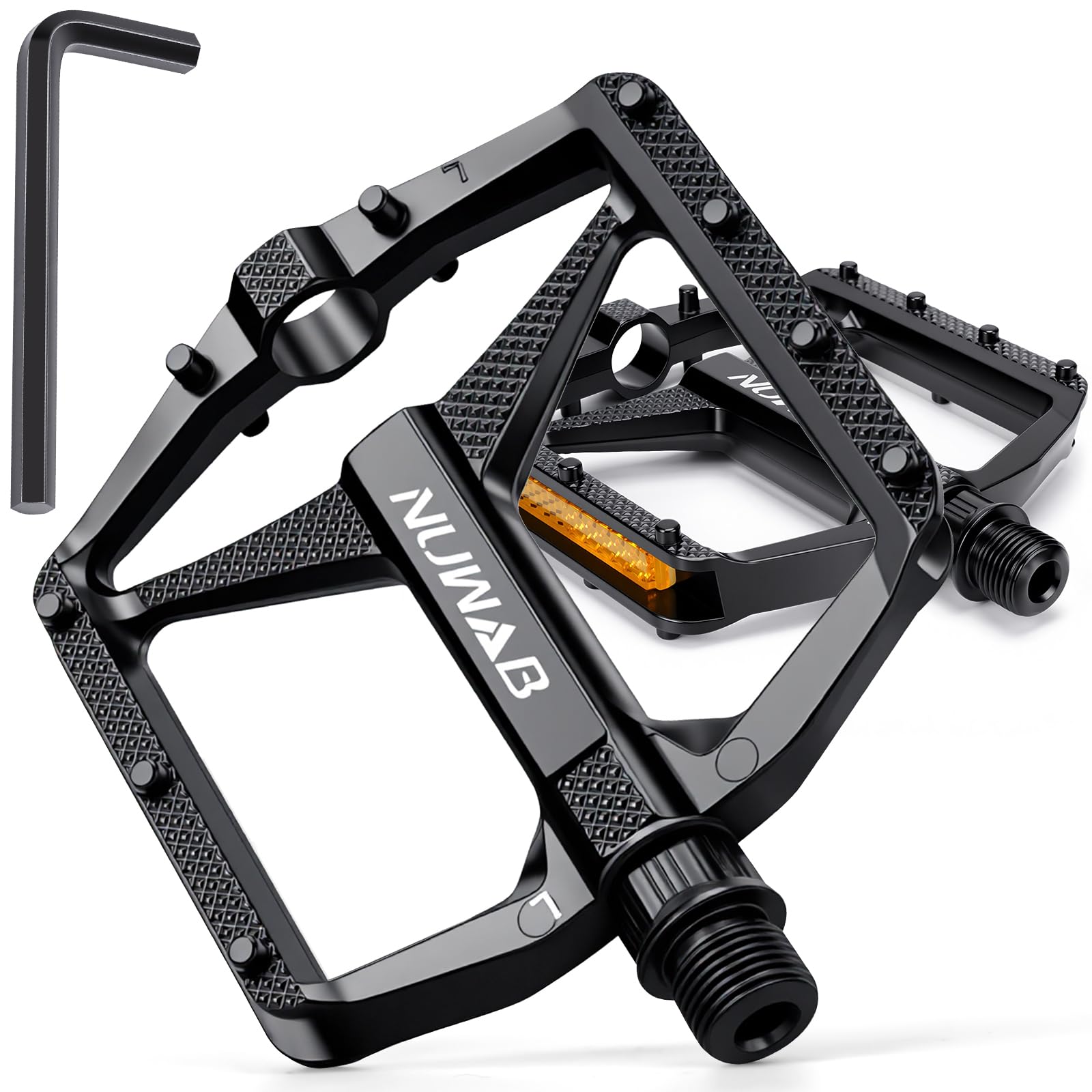 NUWAB Premium Bike Pedals with Reflective Strips, 9/16 Inch Axle Thread Anti-Slip Bicycle Pedals, Lightweight and Wide Platform Flat Pedals with Allen Wrench, Fits Most Bikes