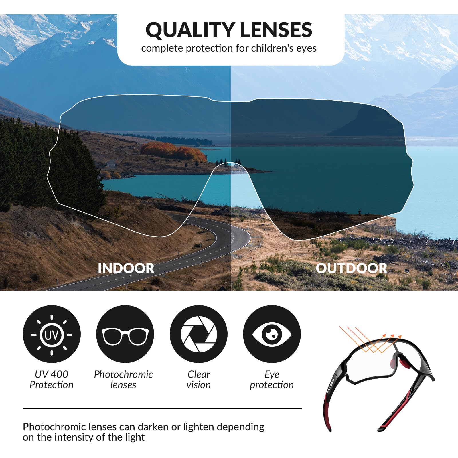 ROCKBROS Fahrradbrille Set Selbsttönende und Polarisierte Sportbrille Jugendliche Sonnenbrille Kinder Radbrille UV400 Schutz Fahrrad mit TR90 Rahmen