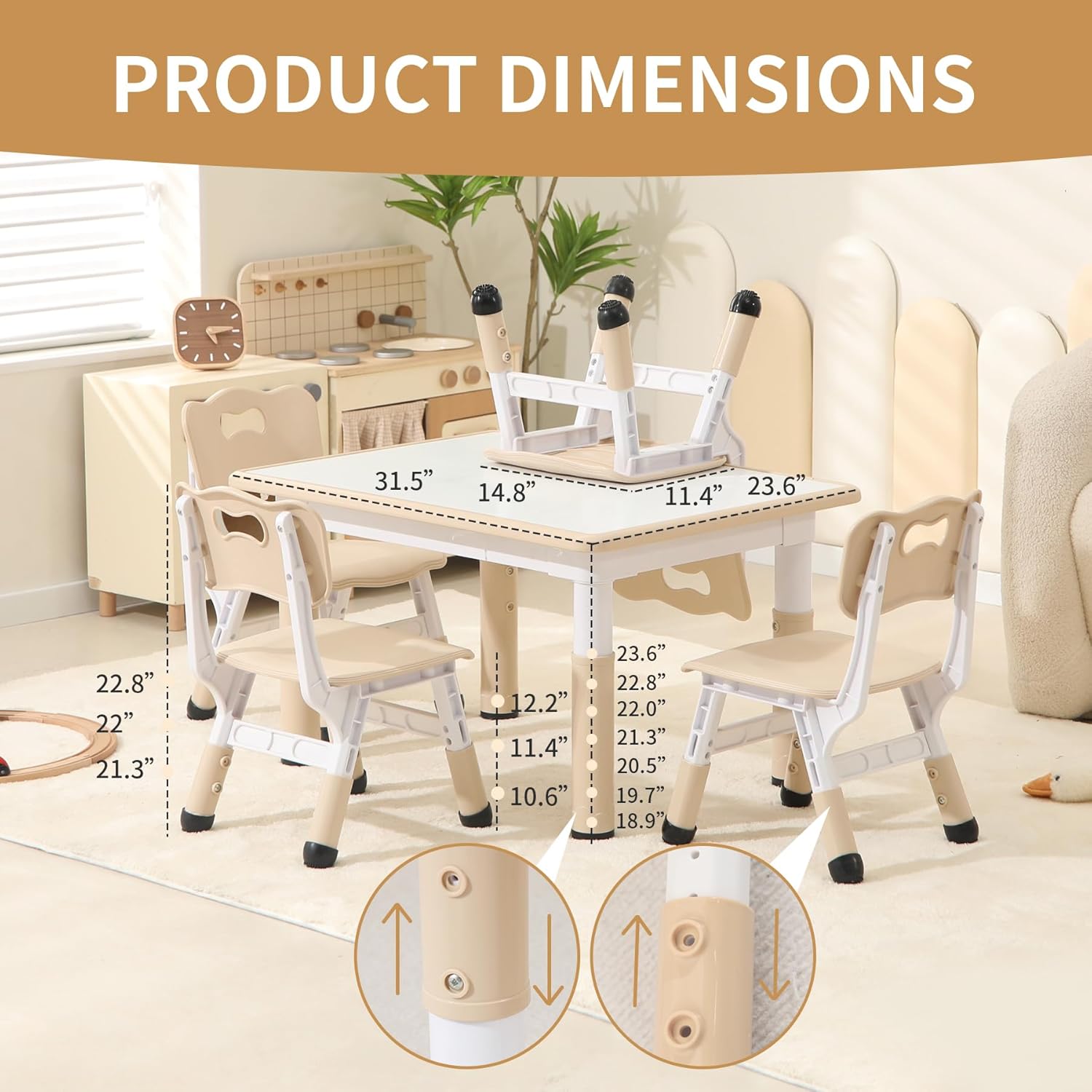 Toddler Table and Chairs, Kids Table and 4 Chairs Set with Graffiti Desktop, Height-Adjustable Kids Study Table for Boys and Girls Aged 3-8, Max 300lbs