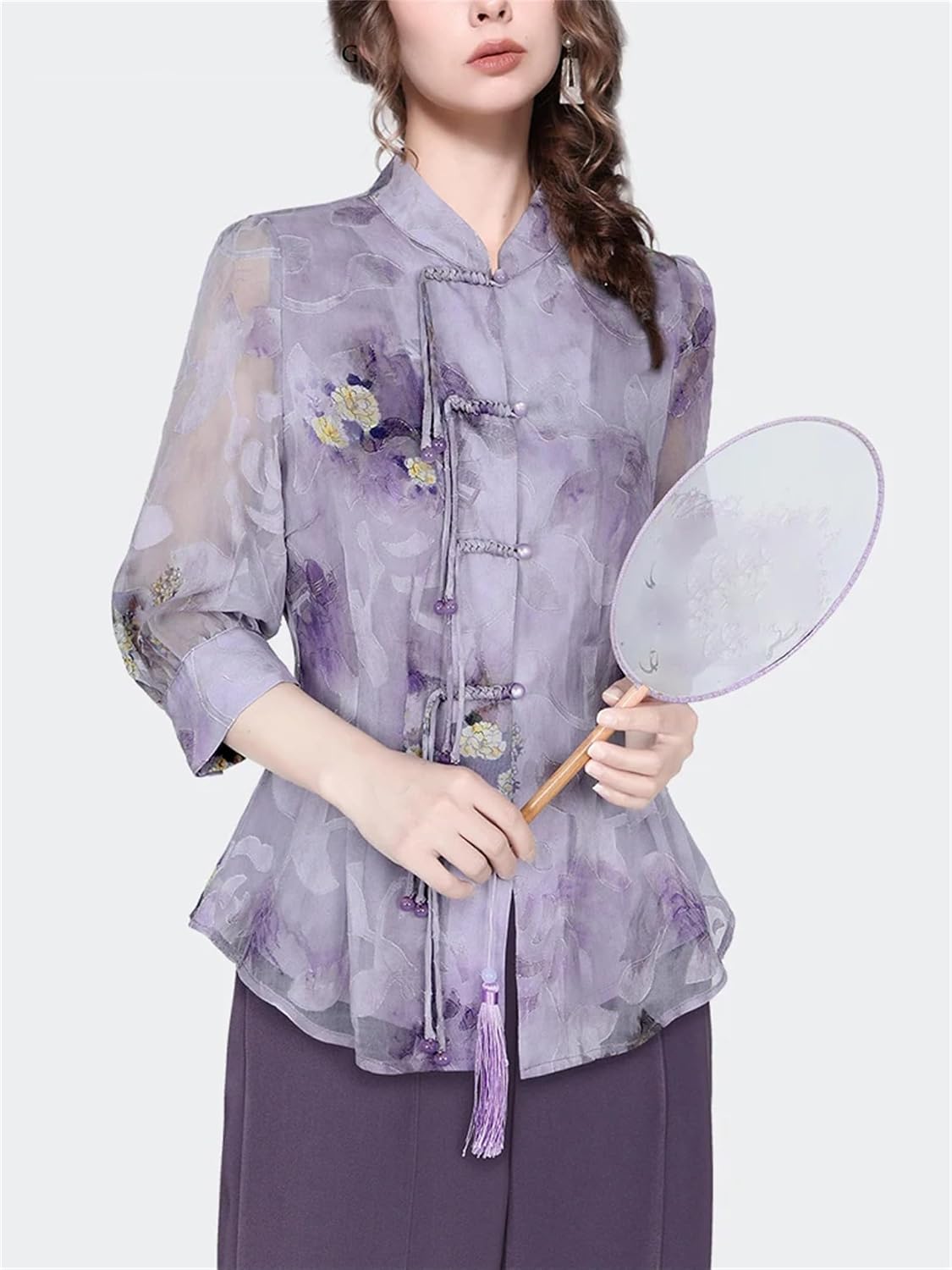 Women Retro Chinese Style Floral Print Chiffon Shirts Fashion Light Purple Office Button Down Blouse