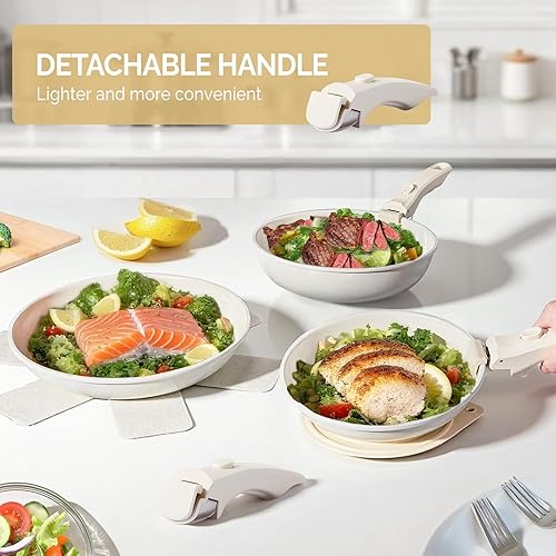 Miniatura 8 de Bonnlo Juego de 22 ollas y sartenes antiadherentes con tapas, juego de utensilios de cocina con mango desmontable que incluye cacerola, sartén para